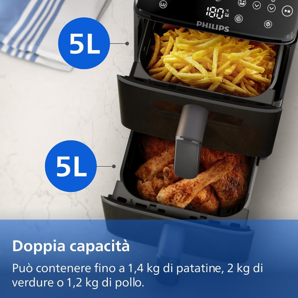 Philips Airfryer Serie 4000, Friggitrice ad Aria Doppio cestello Verticale da 10L, Tecnologia RapidAir, Funzione Sync, Rivestimento in ceramica no PFAS, Finestre, 45% più piccola (NA460/00)