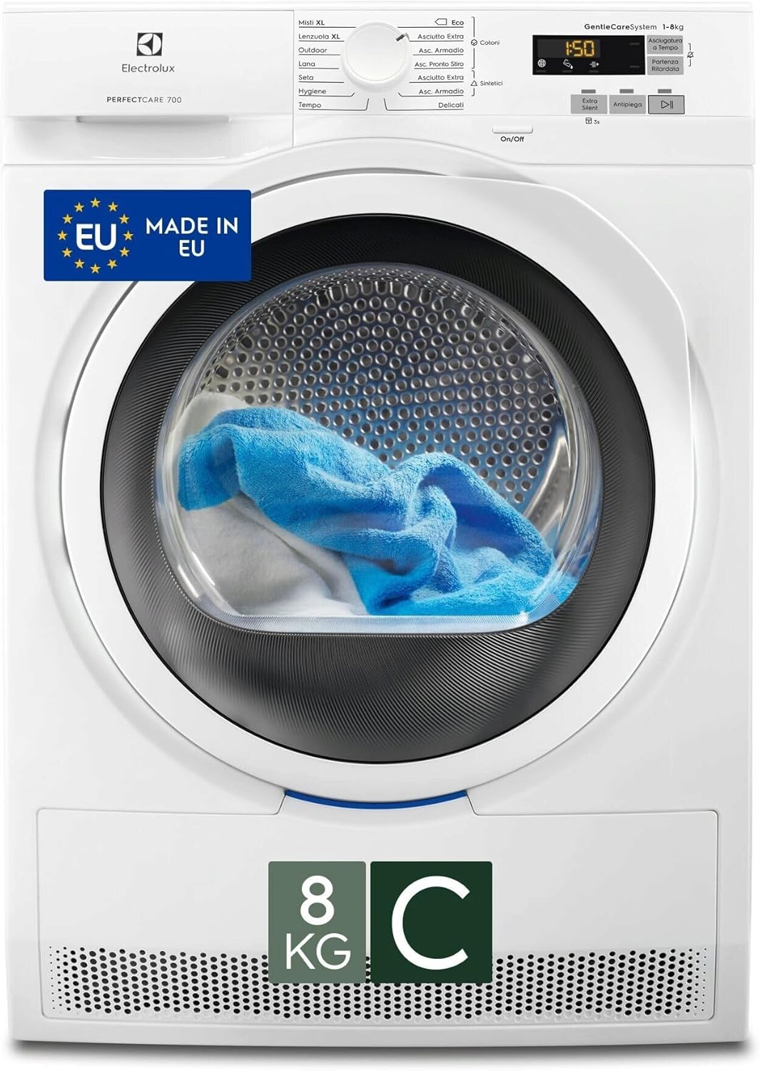 Electrolux PerfectCare 700 Asciugatrice 8 Kg, EW7H583W, Tecnologia GentleCare System, Pompa di Calore, Display LED con Touch Control, 850x596x638 mm, Bianco