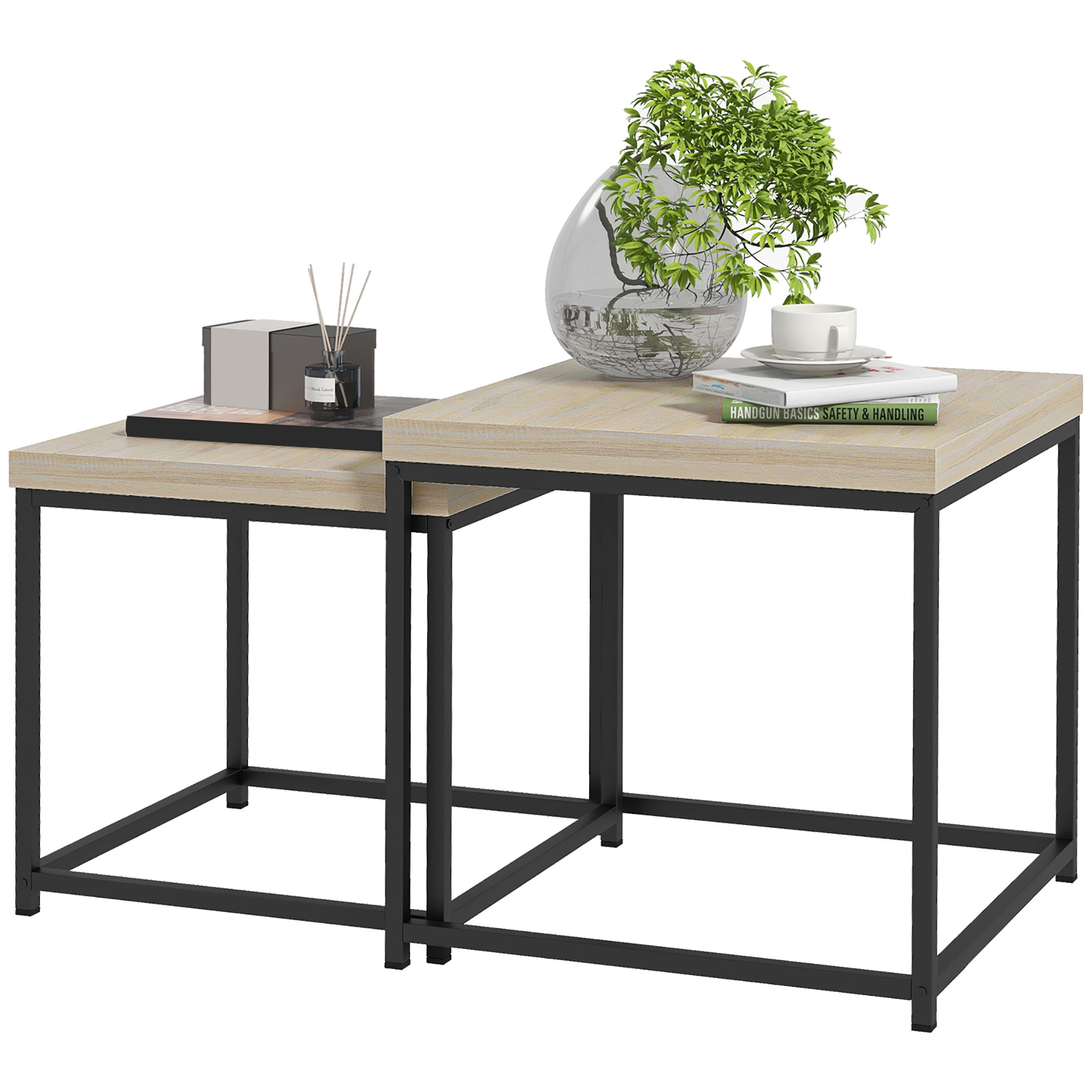 HOMCOM Set aus 2 ineinander stapelbaren Couchtischen quadratische Beistelltische Wohnzimmertische mit Stahlrahmen und Holzspanplatten