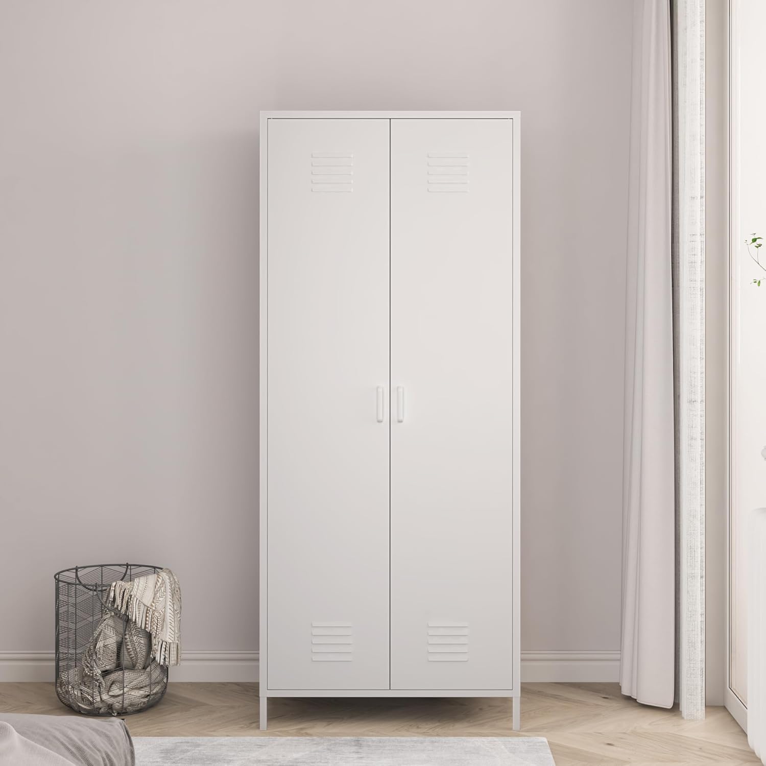 [en.casa] 2 Door Wardrobe with Clothes Space and Compartments Steel Wardrobe with Shelves for Bedroom Entrance 180 x 76 x 50 cm - White
