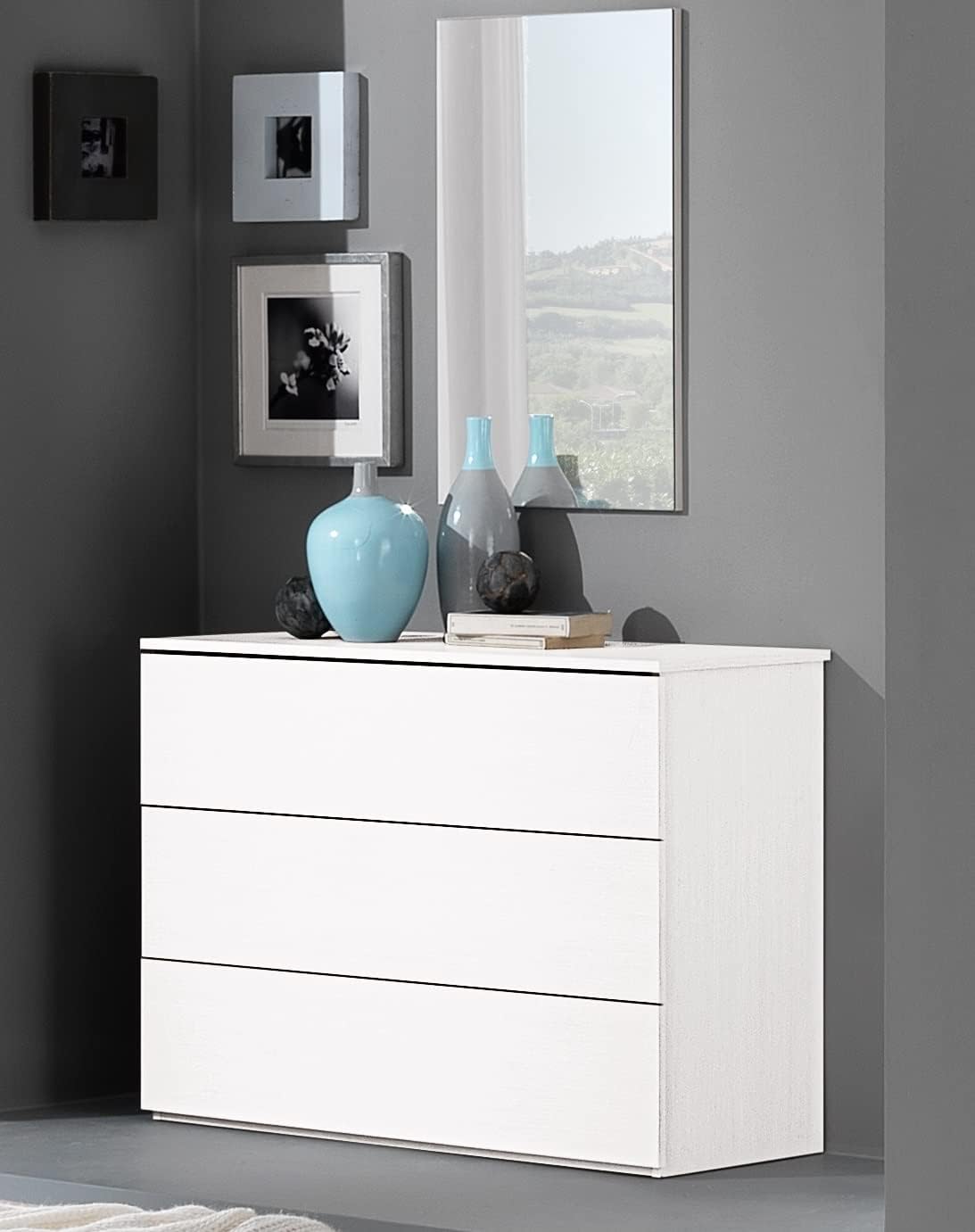 Comò cassettiera con tre cassetti bianco fiammato rifinito effetto naturale con venature a vista, 105x45x75 cm