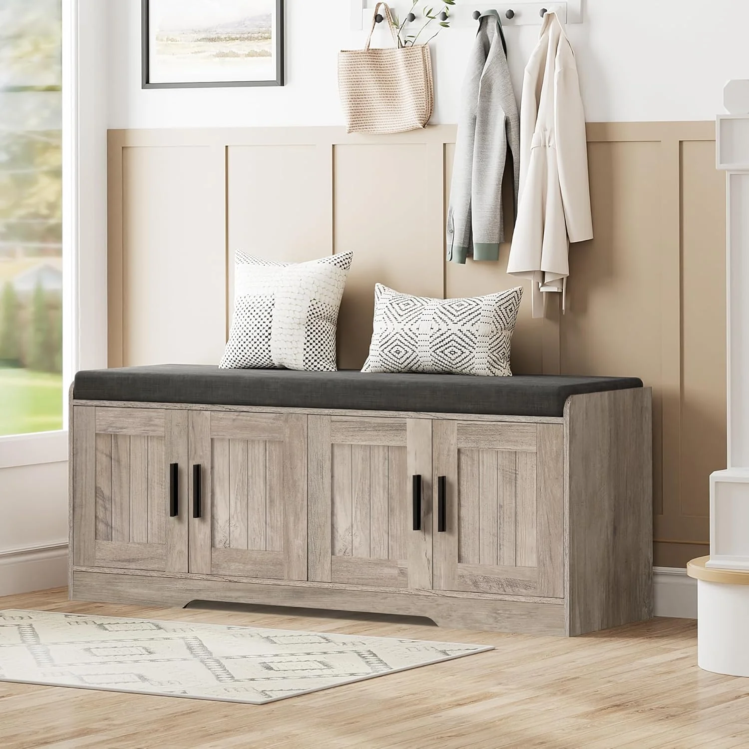 2-Tier Storage Bench, Shoe Bench with Thickened Padded Seat Cushion, Entryway Bench with 4 Doors, Adjustable Shelf