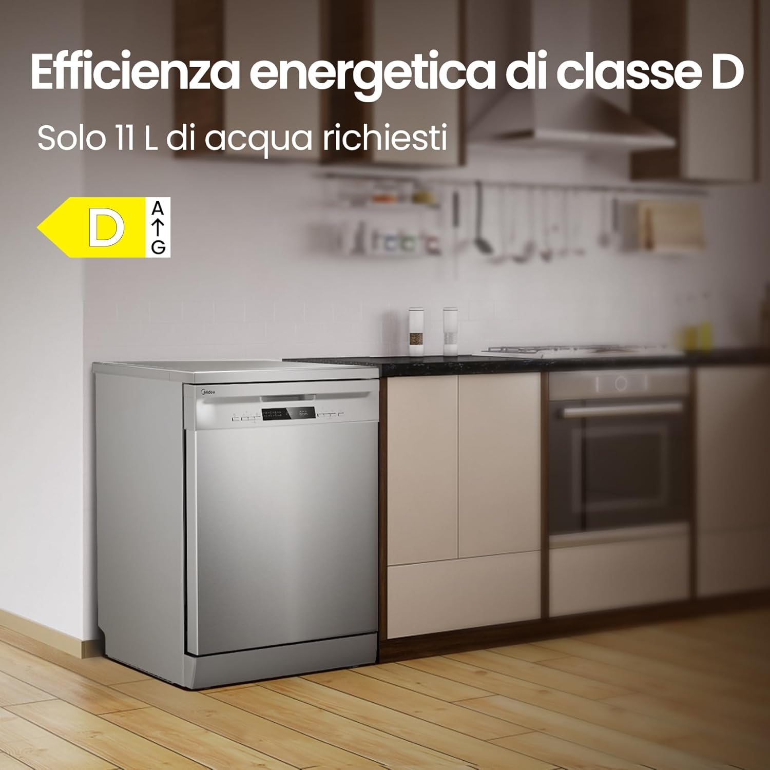 Midea MFD60S200X.1-IT Dishwasher Freestanding with 14 Places, 8 Programs, LED Display, Delay Start, Half Load Function, Extra Drying - Stainless Steel