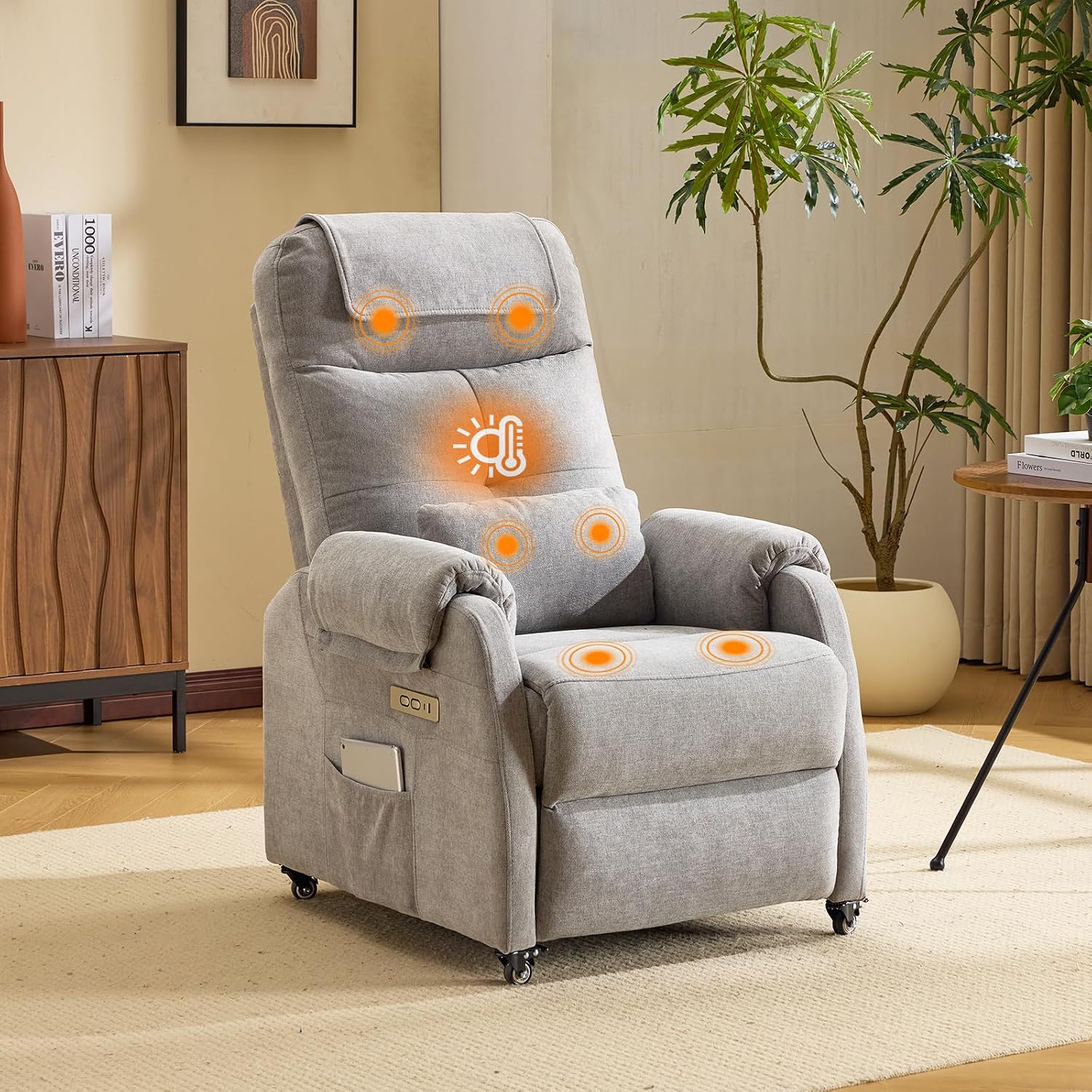 Bonnlo Poltrona relax, poltrona TV, poltrona massaggiante elettrica con funzione reclinabile, seggiolino TV, 6 punti di massaggio e funzione di riscaldamento, porte USB-C e USB-A, 1 tasca laterale