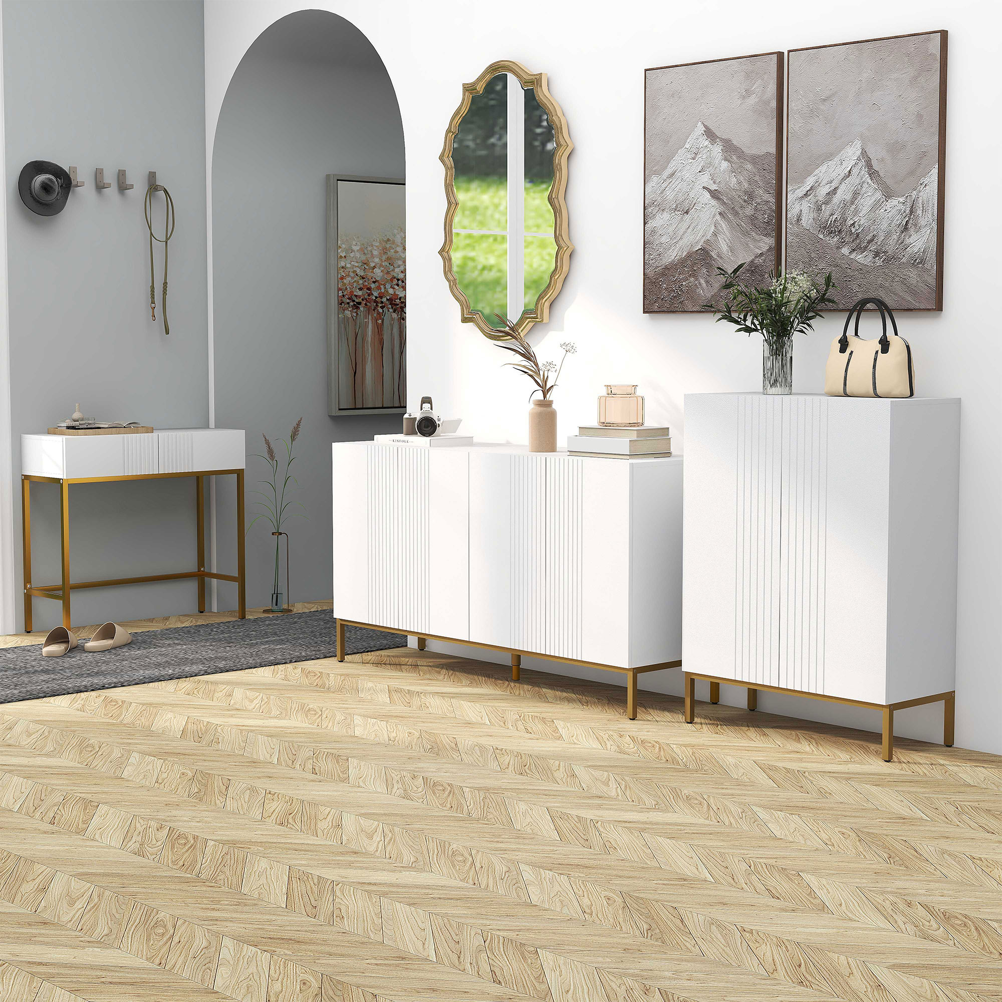 HOMCOM Buffet zeitgenössisches grafisches Design 2 Schränke Tür höhenverstellbare Regale Weiß Gold