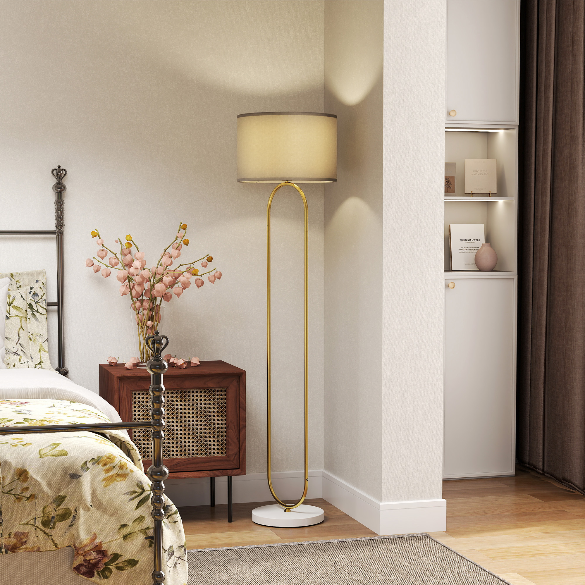 HOMCOM Moderne Stehlampe mit Leinenstoff Lampenschirm, Doppelrohr aus Metall und Fußschalter, Gold