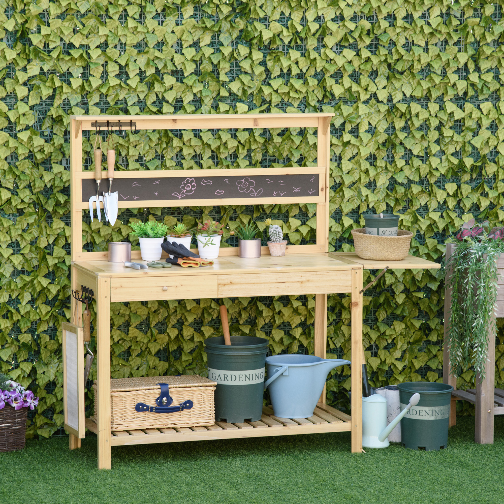 Outsunny Pflanztisch Gärtnertisch mit 8 Haken Schublade Ablage Blumentisch aus Holz für Garten Terrasse Natur 151 x 45,5 x 143 cm