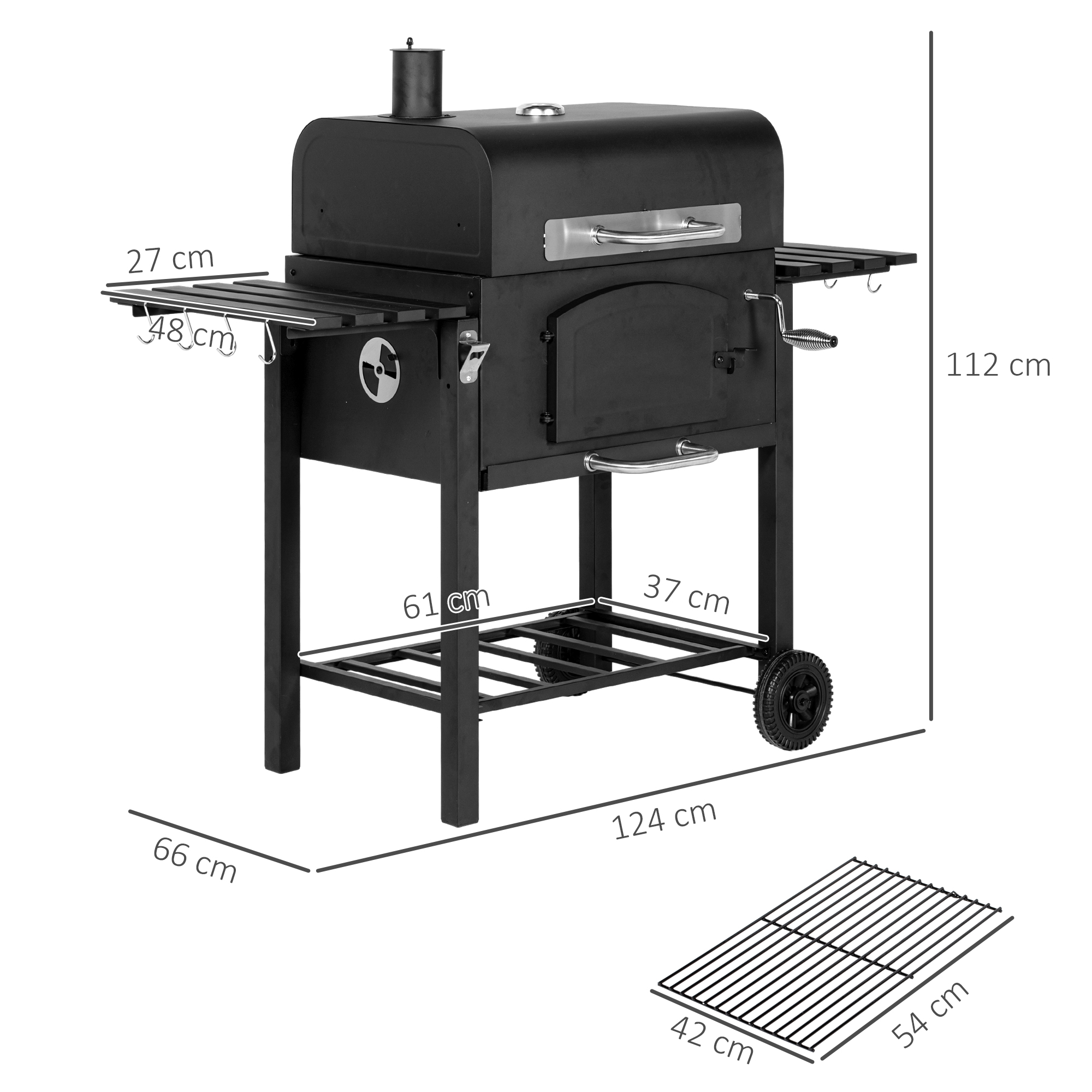 Outsunny Houtskoolgrill BBQ-Grill Smoker, verstelbare koolstoffen, zijtafels, 124 x 66 x 112 cm, Zwart