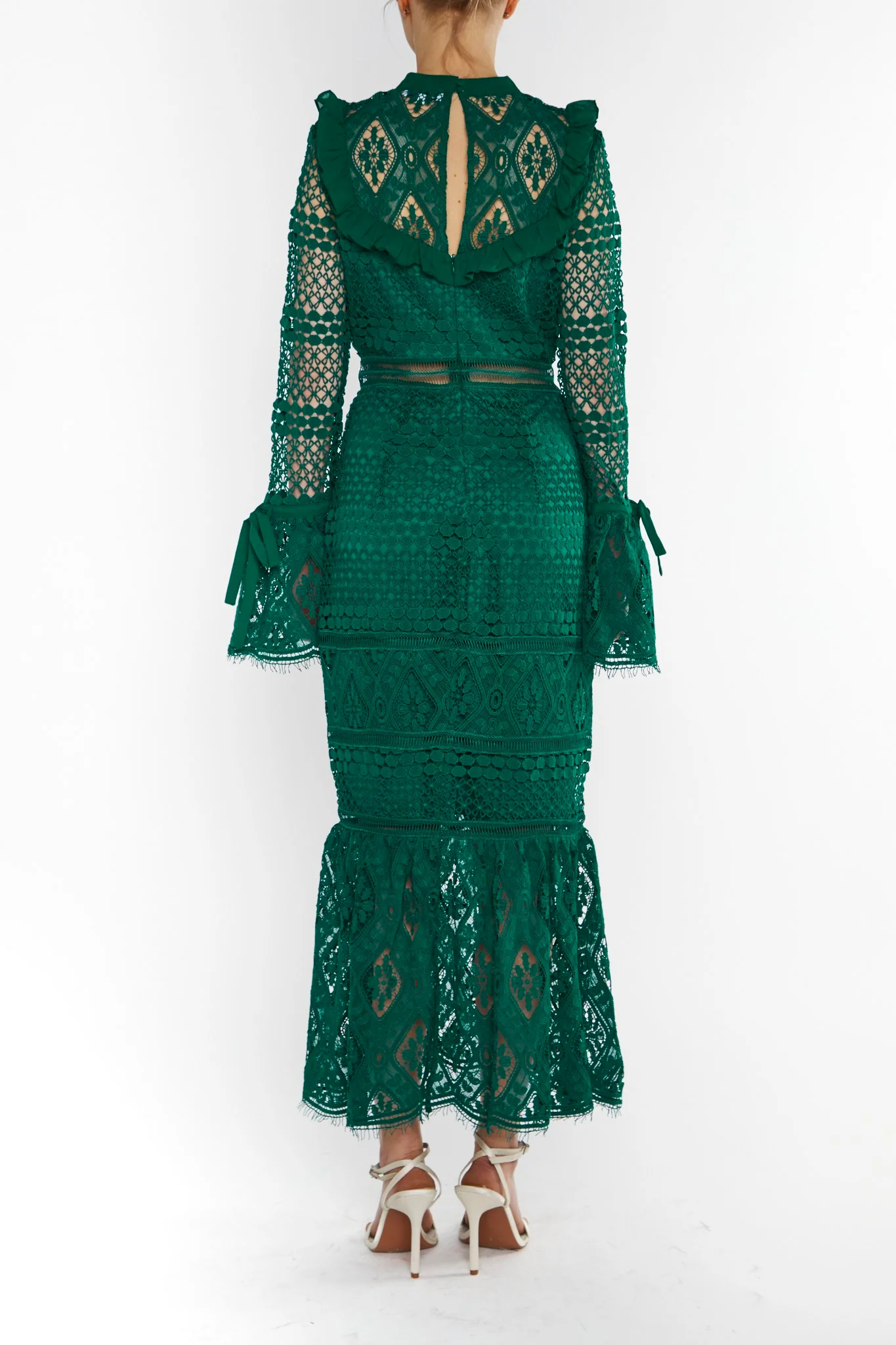 Jenna Emerald-Green Peplum-Sleeve Lace Midi Dress