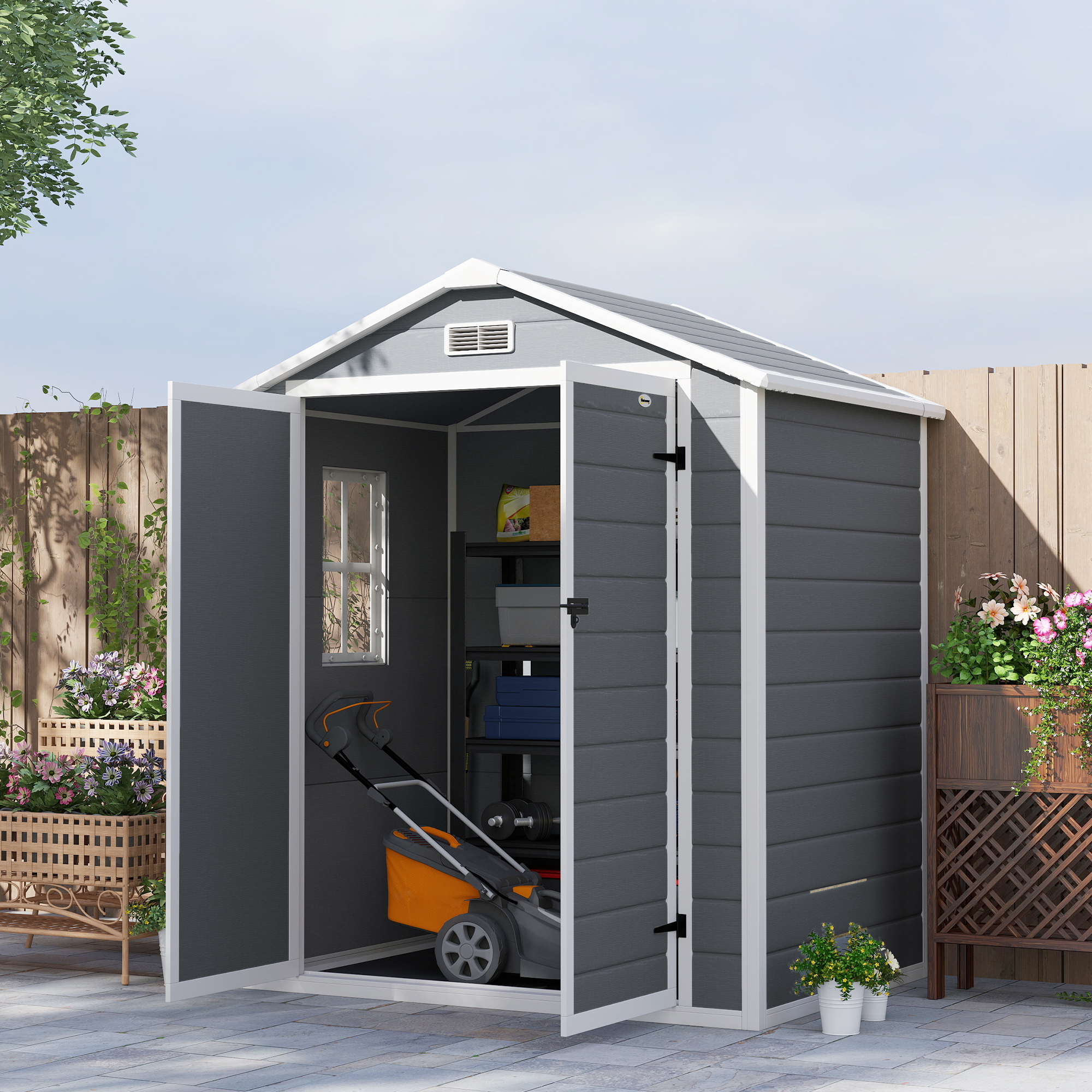 Outsunny Metall-Gartenschuppen, abschließbar, Doppeltür, Fenster, Aluminiumrahmen, 1,80 x 1,30 x 2,10 m, Grau