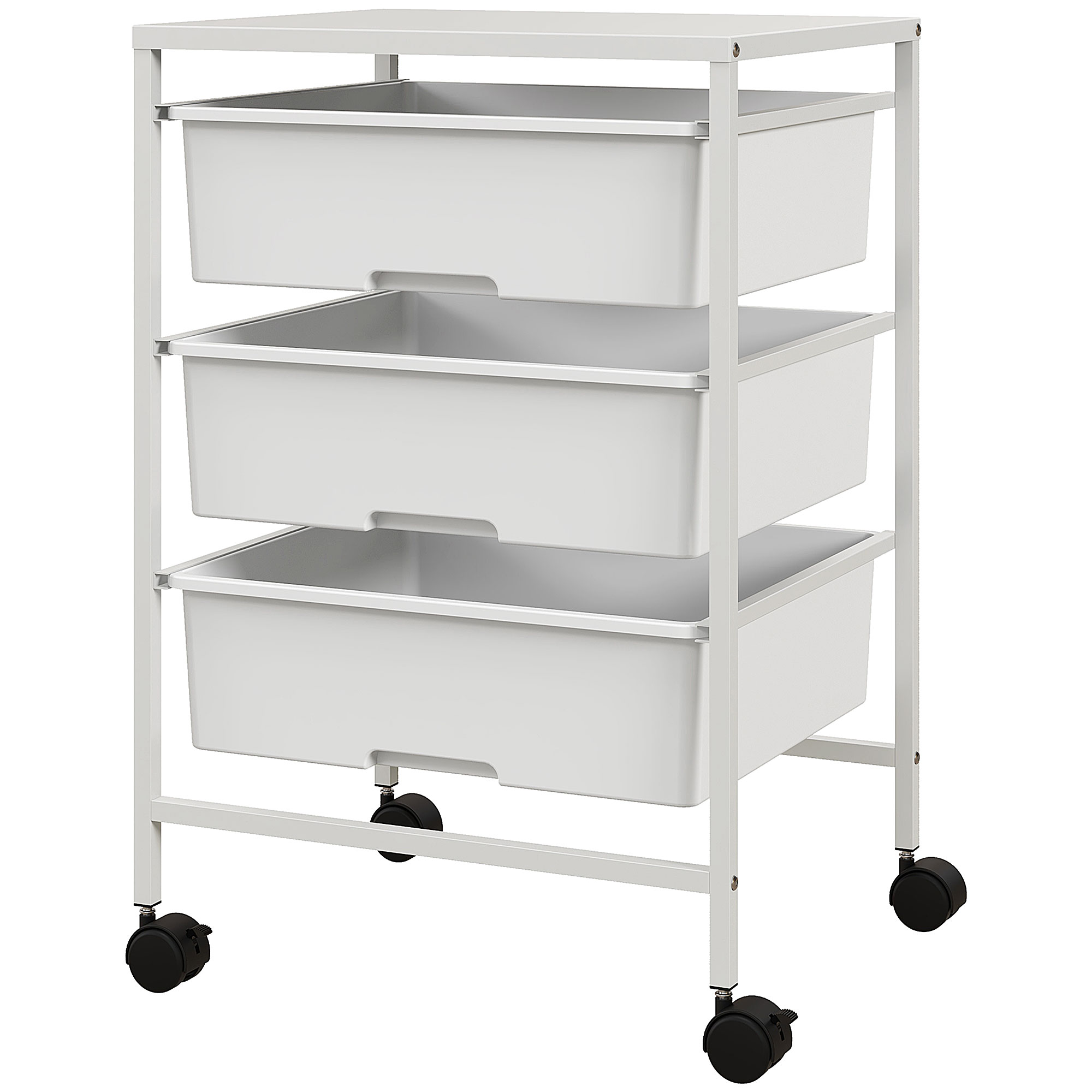 HOMCOM Beistellwagen mit Rädern, 3 Körbe für Transport und Aufbewahrung, Küchenwagen, 40,8L x 33,5B x 60,5H cm, Weiß