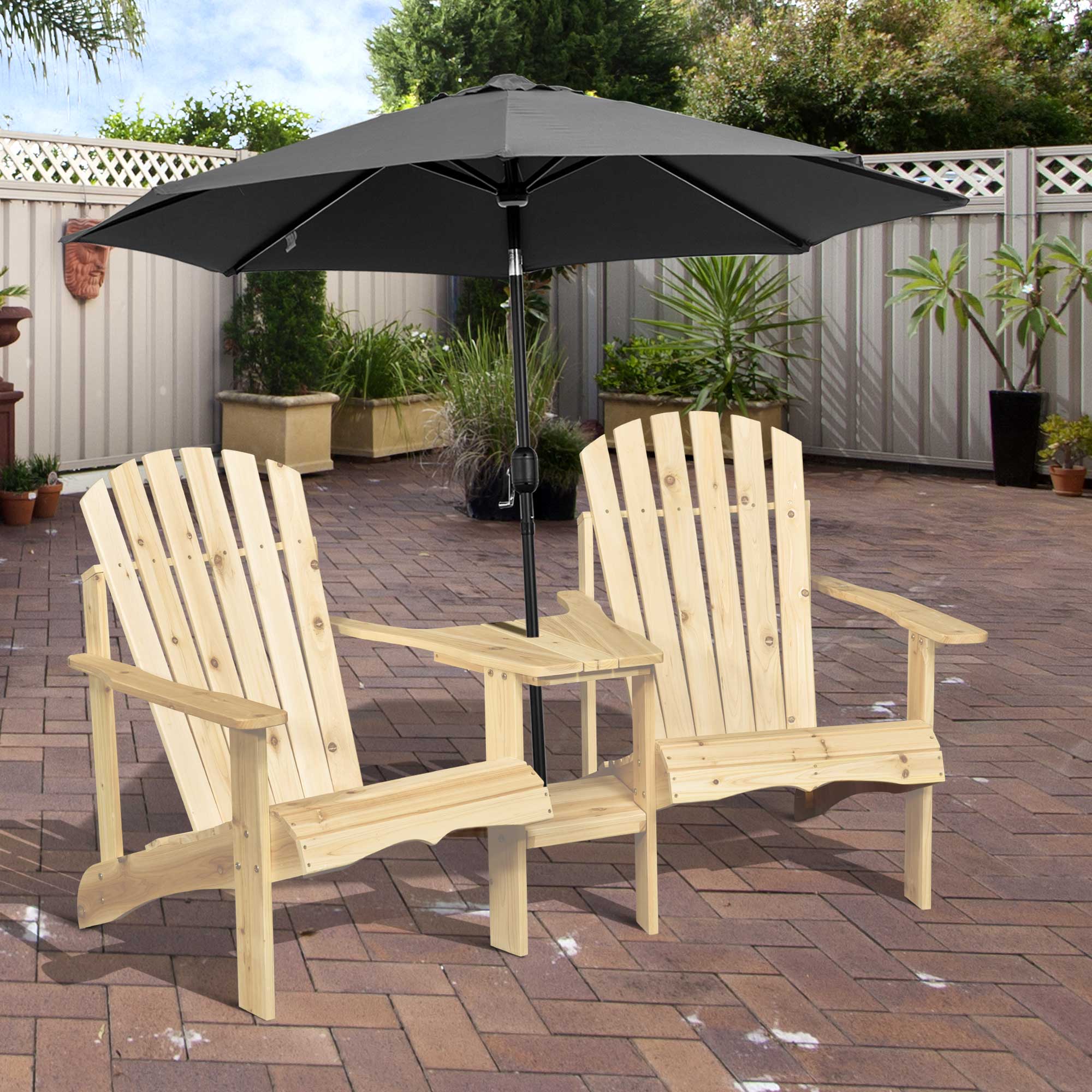 Outsunny Adirondack Gartenstuhl mit Tisch und Schirmloch 2 Sitzer Gartensessel Sitzgruppe Gartenmöbel für Balkon Massivholz Natur 178 x 87 x 92 cm