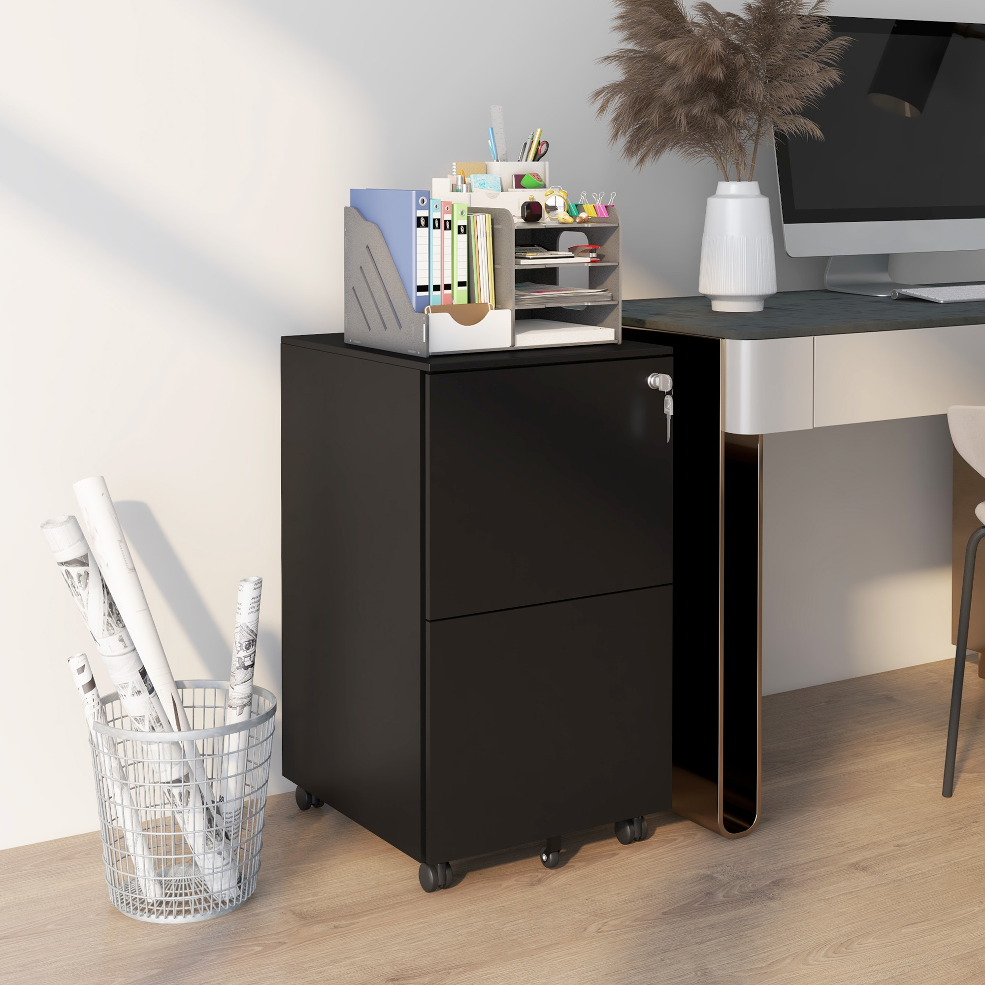 Vinsetto Rollcontainer Aktenschrank, 2 Schubladen, ab­schließ­bar, rollbar, 37 cm x 43,5 cm x 67,5 cm, Schwarz