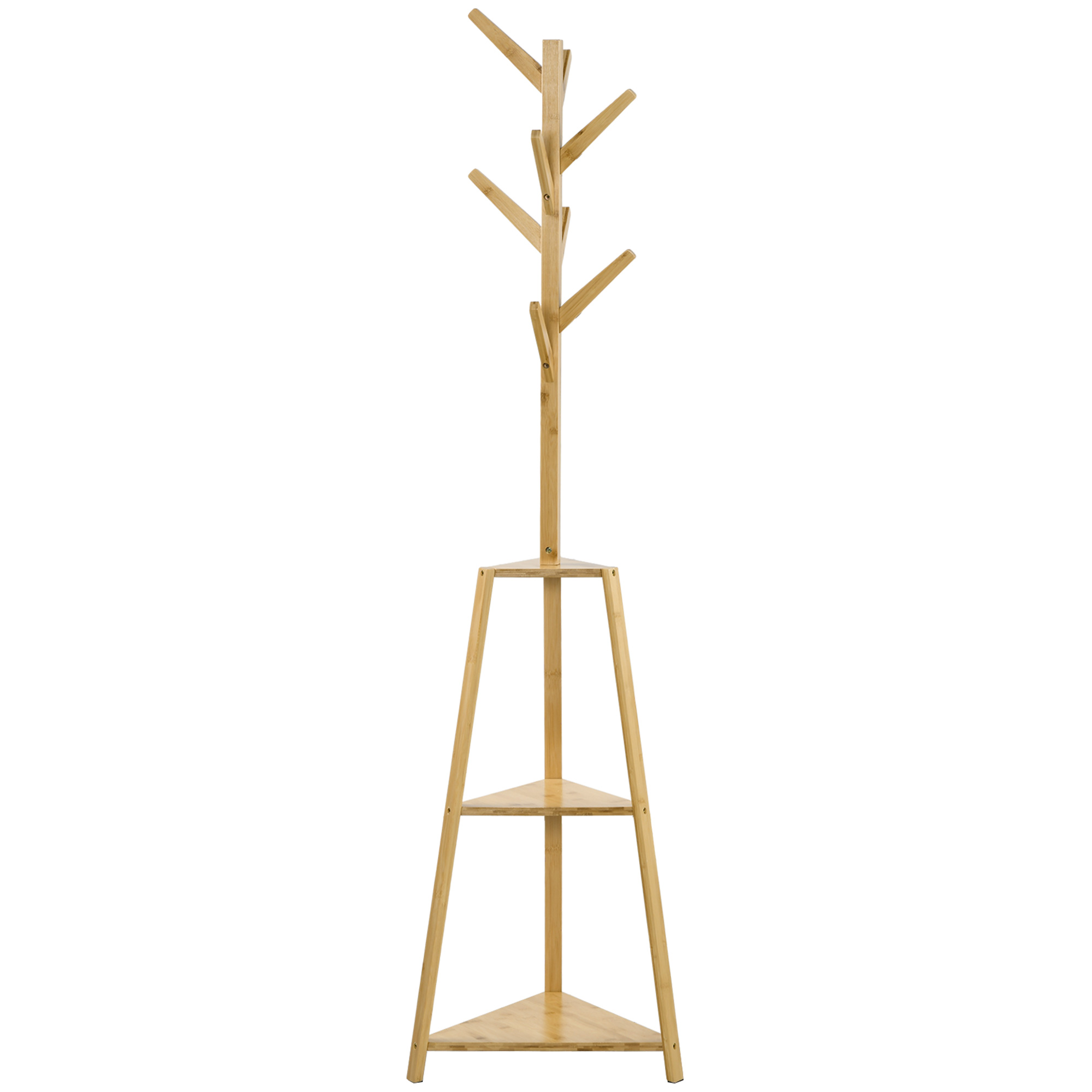 HOMCOM Kleiderständer aus Bambus, Kleiderständer, 8 Haken, 3 Regale, 46 x 46 x 175 cm, Natur