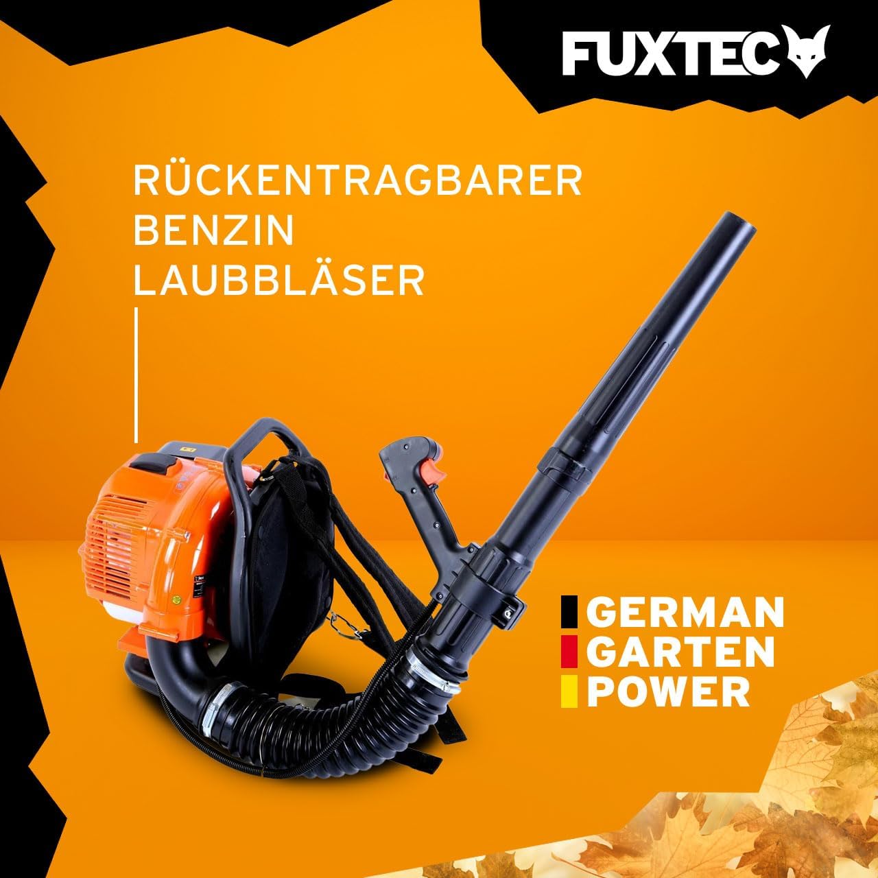 FUXTEC Benzin Laubbläser rückentragbar FX-LB133T – über 300 km/h – rückenschonend und tragbar für große Flächen – Rückenbläser, 2-Takt Blasgerät