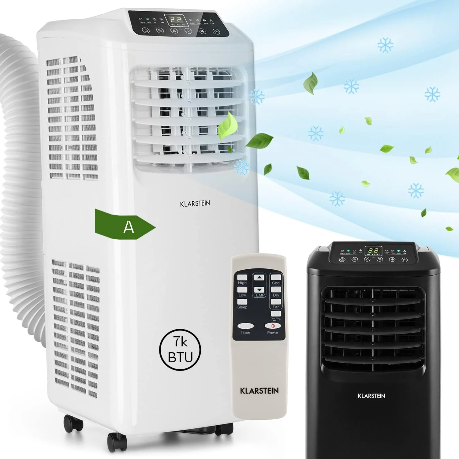 Klarstein Mobiele Airco met Afvoerslang, 3-in-1 Airconditioner met Ventilator & Luchtontvochtiger, Kleine & Draagbare Airco voor Thuis & op Kantoor, met Nachtmodus & App-bediening, 7000 BTU