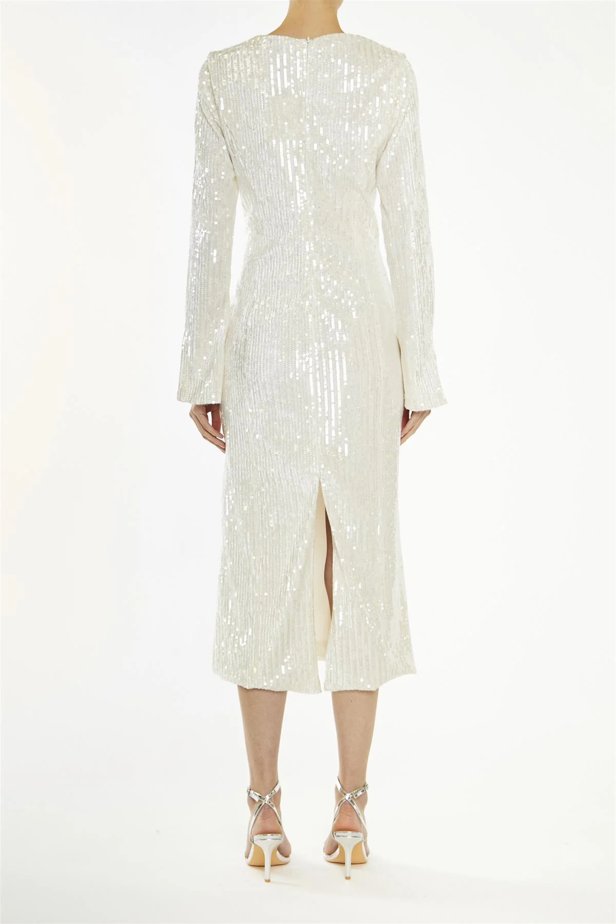 Anais Clear Nude Sequin Flared Sleeve Midi-Dress
