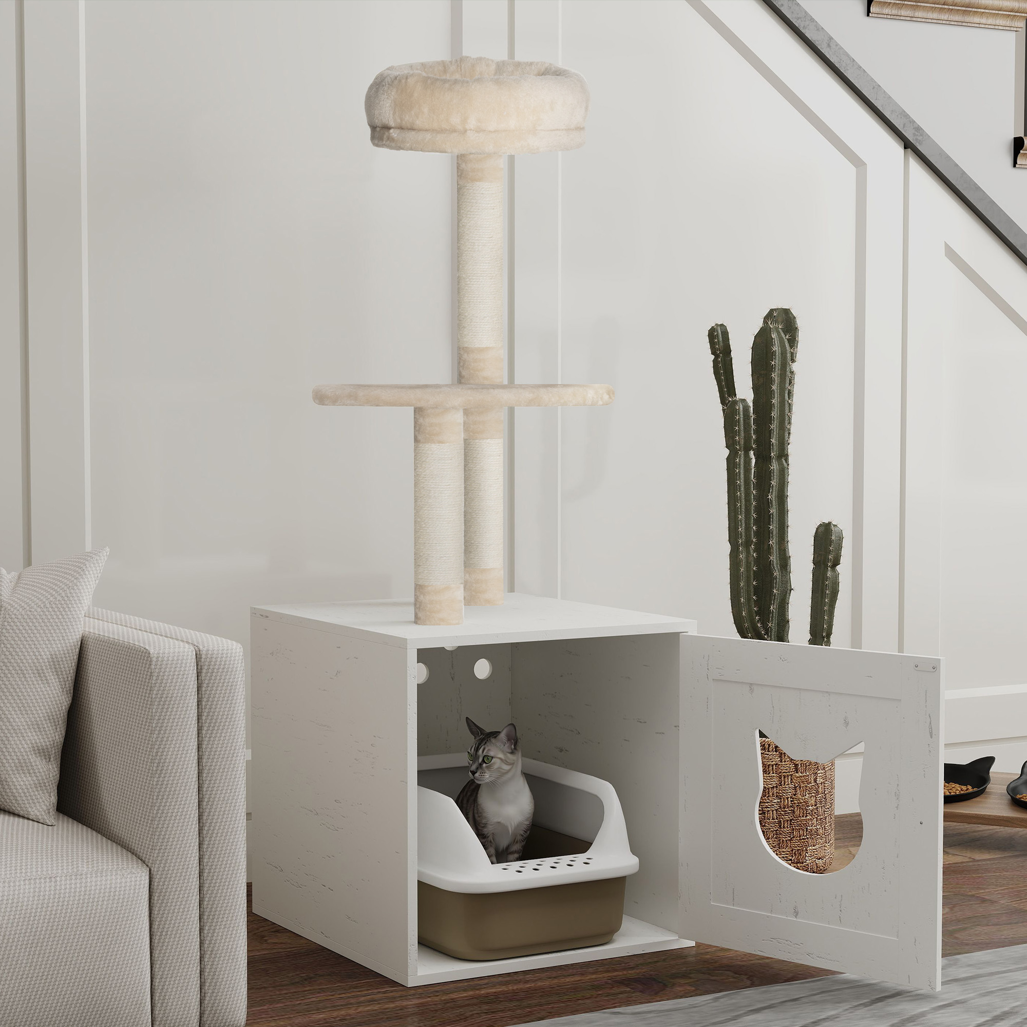 PawHut Katzenbaum mit Katzentoilette, 2-in-1 Spielzeugturm von 129 cm mit Katzenstreuabdeckung, Kratzpfosten, Creme