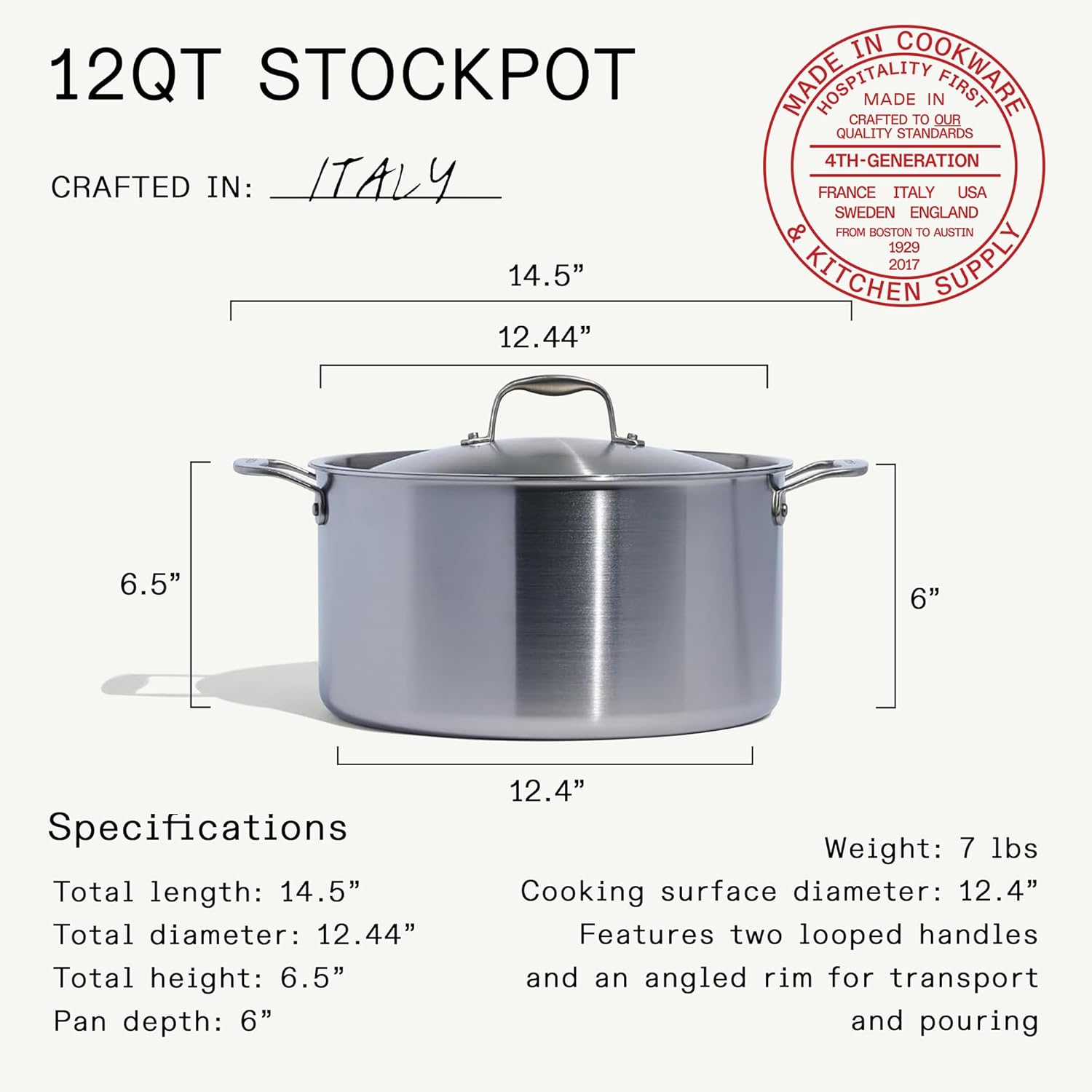 Made In Cookware | 12 Quart Stainless Steel Stock Pot With Lid | 5 Ply Stainless Clad | Professional Cookware | Crafted in Italy | Induction Compatible