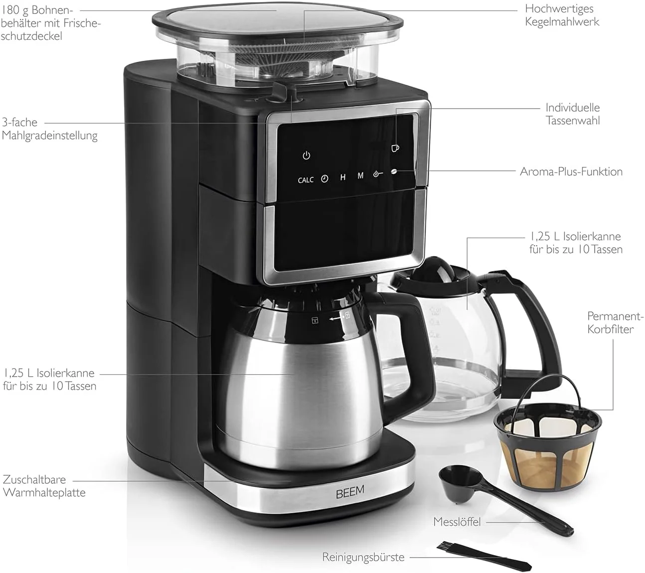 BEEM FRESH-AROMA-PERFECT III Filterkoffiezetapparaat met maalwerk - Duo | Met thermos- & glazen kan | Aroma-Plus-functie | 24-uurs timer | 1000 W | voor maximaal 10 kopjes [roestvrij staal]