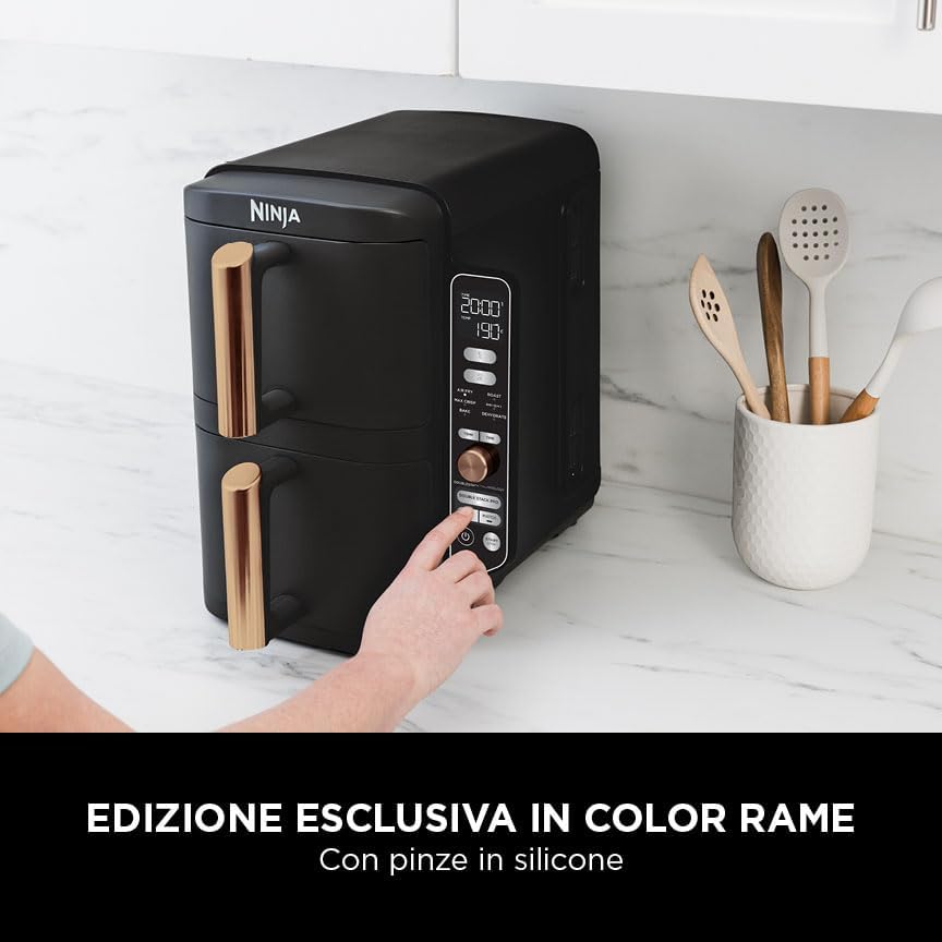 Ninja Double Stack XL Friggitrice ad Aria Verticale, Doppia Zona, 4 Livelli, 2 Scomparti, 2 Griglie, Capienza 9.5L, 6 Funzioni, 8 Porzioni, Parti Lavabili in Lavastoviglie, Pinze, Nero/Rame, SL400EUCP