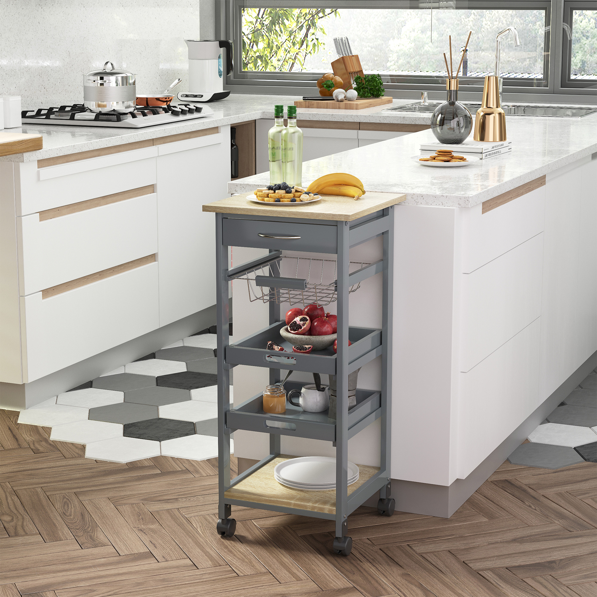 HOMCOM Servierwagen Kücheninsel mit Rollen Korb + 2 herausnehmbare Tabletts, Schublade, Regal aus hellem Eichenholz