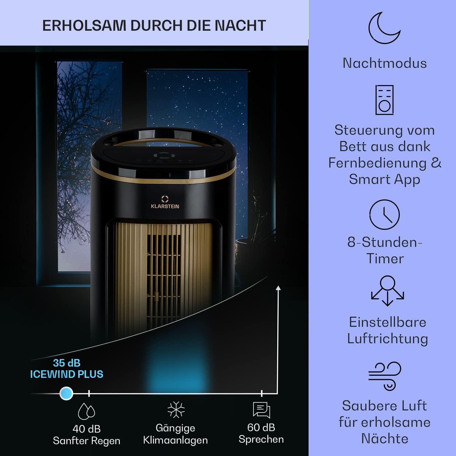 Klarstein Luftkühler mit Wasserkühlung, Leiser 4-in-1 Verdunstungskühler, Luftbefeuchter, Ventilator & Nachtmodus, Mobile Klimageräte Luftkühler 7L, 65W Air Cooler, 330m³/h Kühlender Luftstrom