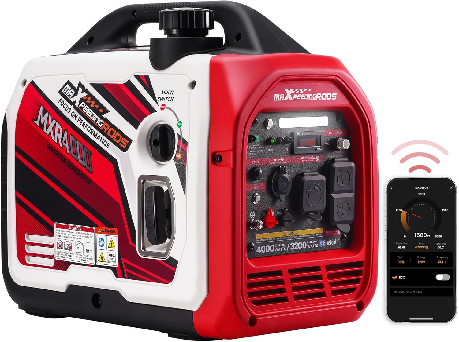 maXpeedingrods 4000 Watt Inverter Generator Portable  Bluetooth® App Remote Data Monitor  RV Ready  Gas Powered Generator with CO Alarm for Outdoor Camping  Home Backup