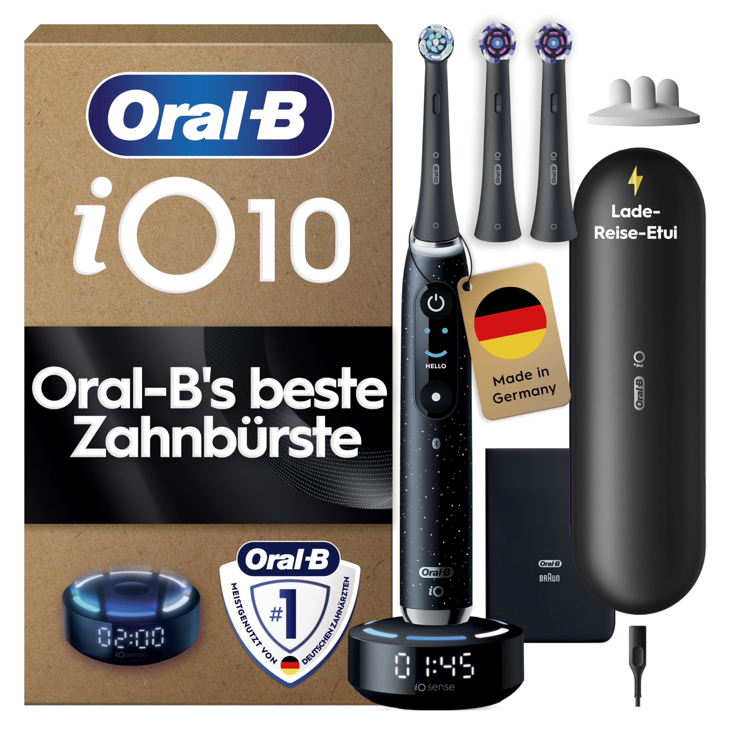 Elektrische Zahnbürste iO Series 10 mit iO Sense Ladestation, 3 Aufsteckbürsten, Lade-Reise-Etui und 7 Putzmodi in Cosmic Black