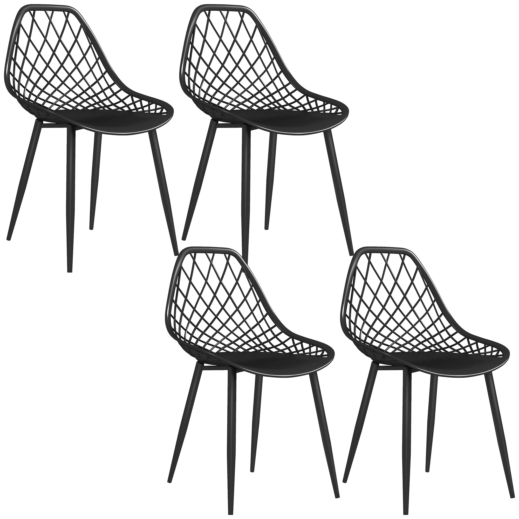 HOMCOM Set 4 Moderne Esszimmerstühle mit perforiertem Kunststoffrücken und Metallbeinen, Schwarz