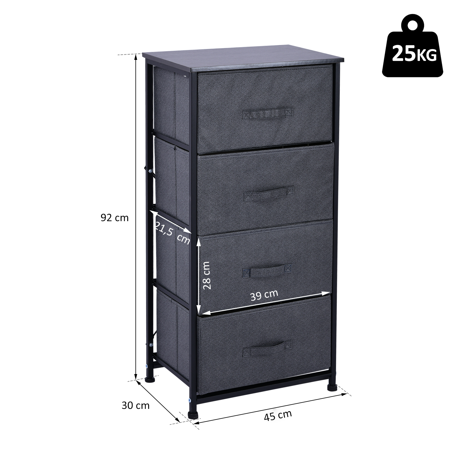HOMCOM® Schubladenschrank Aufbewahrungsschrank mit 4 faltbaren Stoffschubladen Metallgestell + Holz + Leinen Grau 45 x 30 x 92 cm