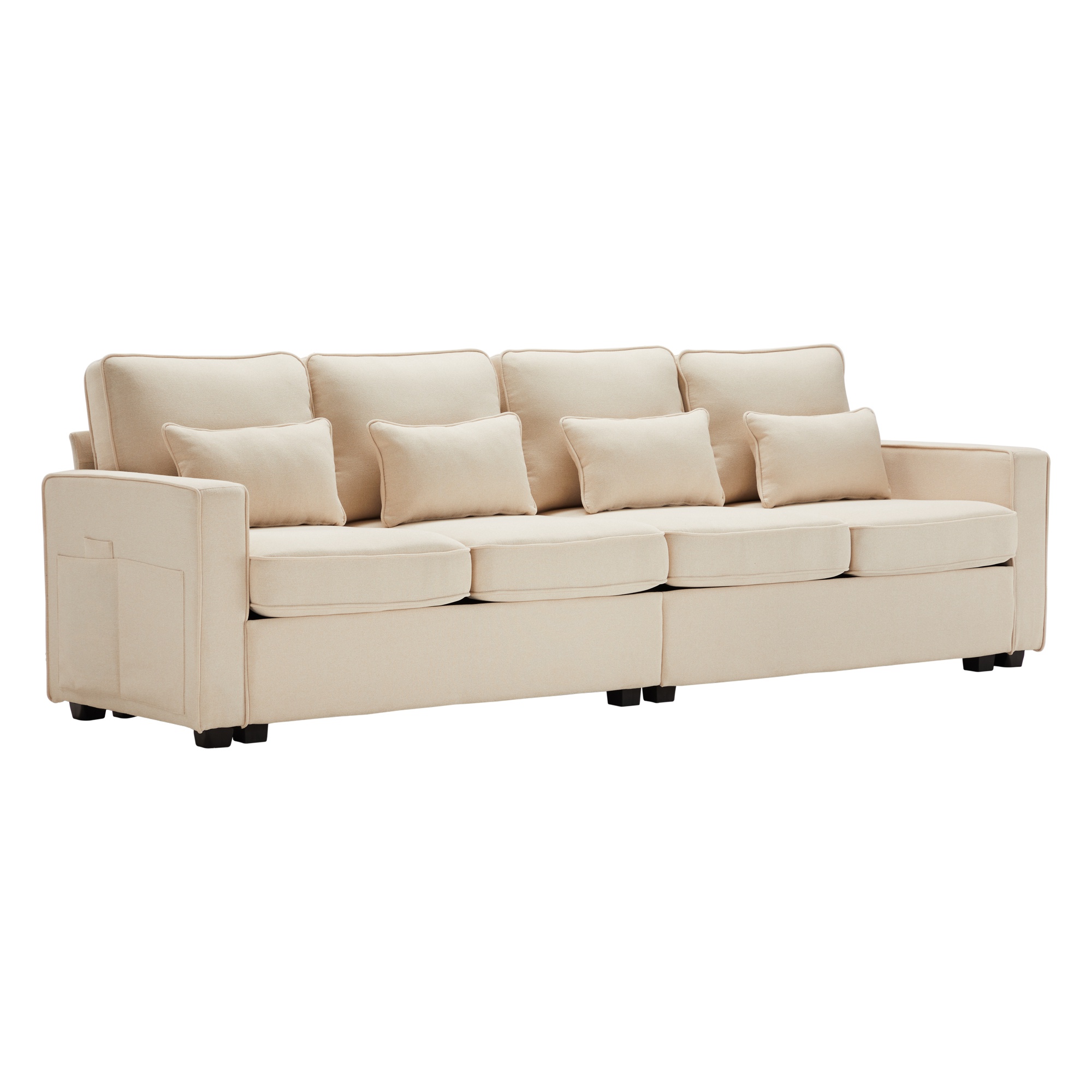 Modernes 4-Sitzer-Sofa in Leinenoptik mit Taschen an den Armlehnen und 4 Lendenkissen, geeignet für Wohnzimmer und Büro, 264x83x87 cm, Beige