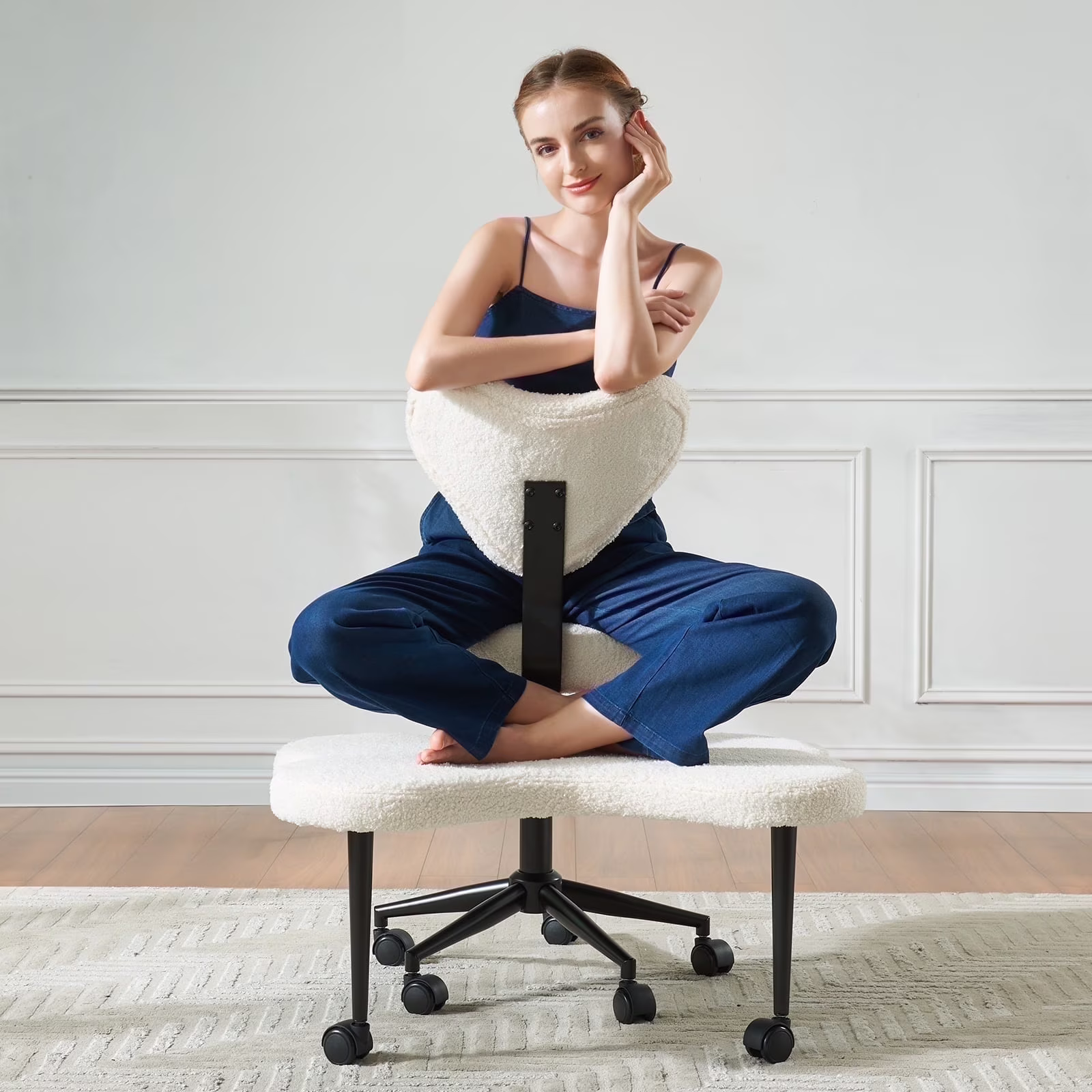 Pinmoco Ergonomic Cross Legged Swivel Chair, Adjustable Height and Teddy Fabric, Meditation& ADHD Chair with Back Support, Home and Office, Off White