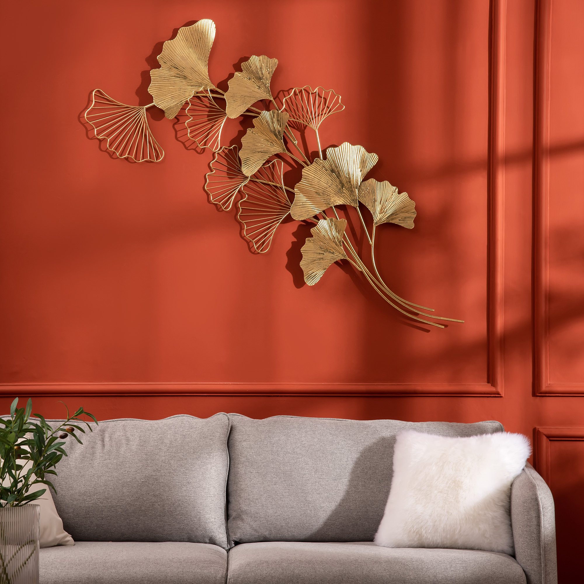 HOMCOM 3D Metall Wanddekoration, Goldene Wandkunst mit Ginkgo-Blättern 138x70cm