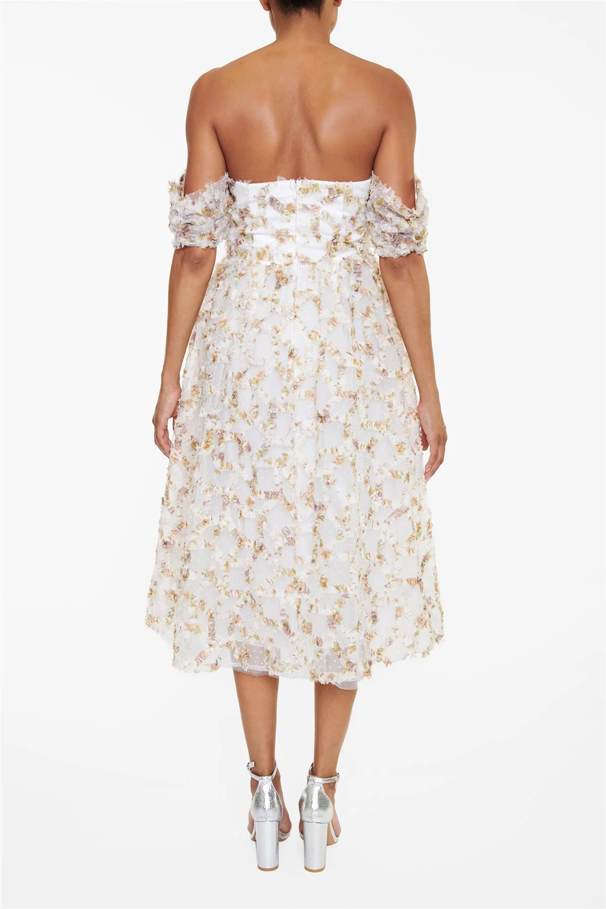 The Amelia White Floral 3D Tulle Bardot Midaxi Skater Dress