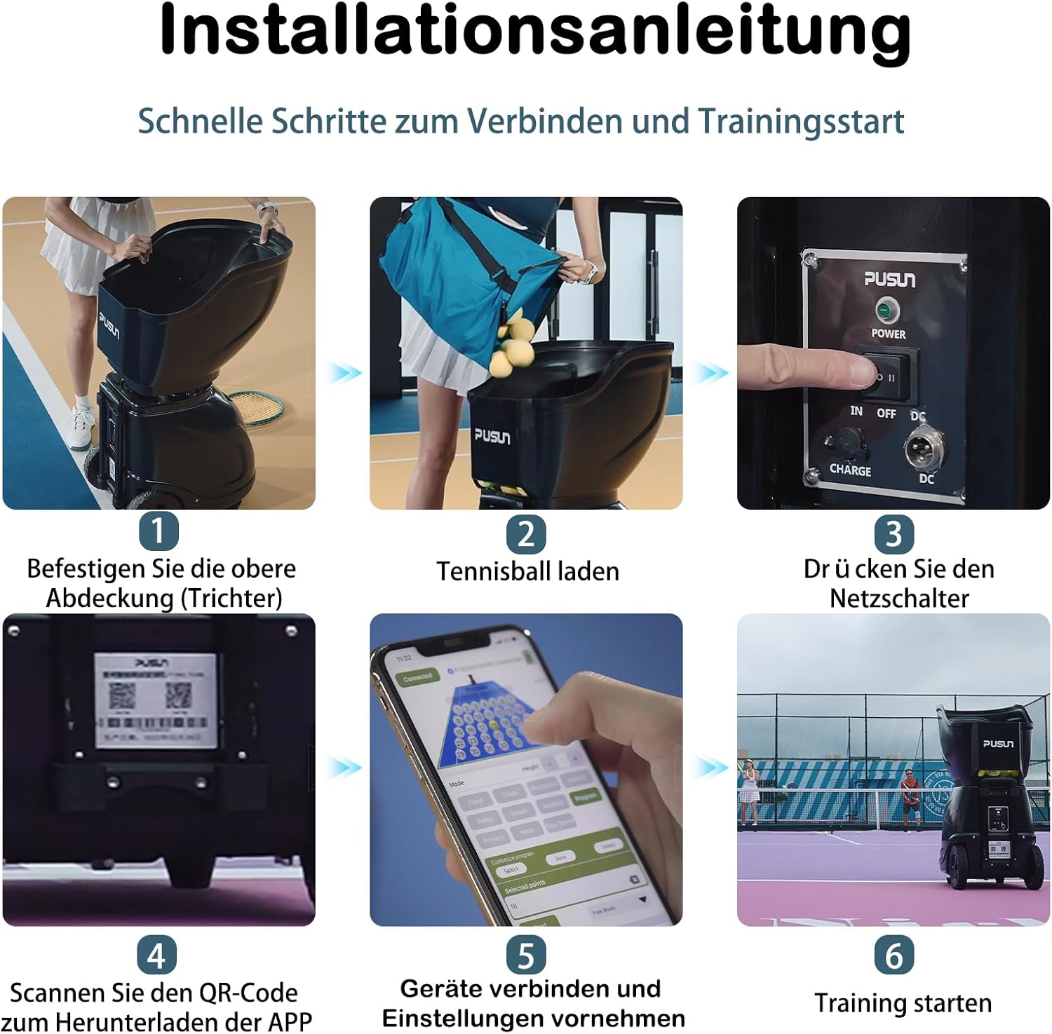 PT-MAX C Tennisballmaschine - Profi Ballwerfer mit APP-Steuerung (App für Watch), 28 Landepunkte & 26 Modi, Smart Trainer für alle Spielniveaus mit variablem System (5-7 Std.)