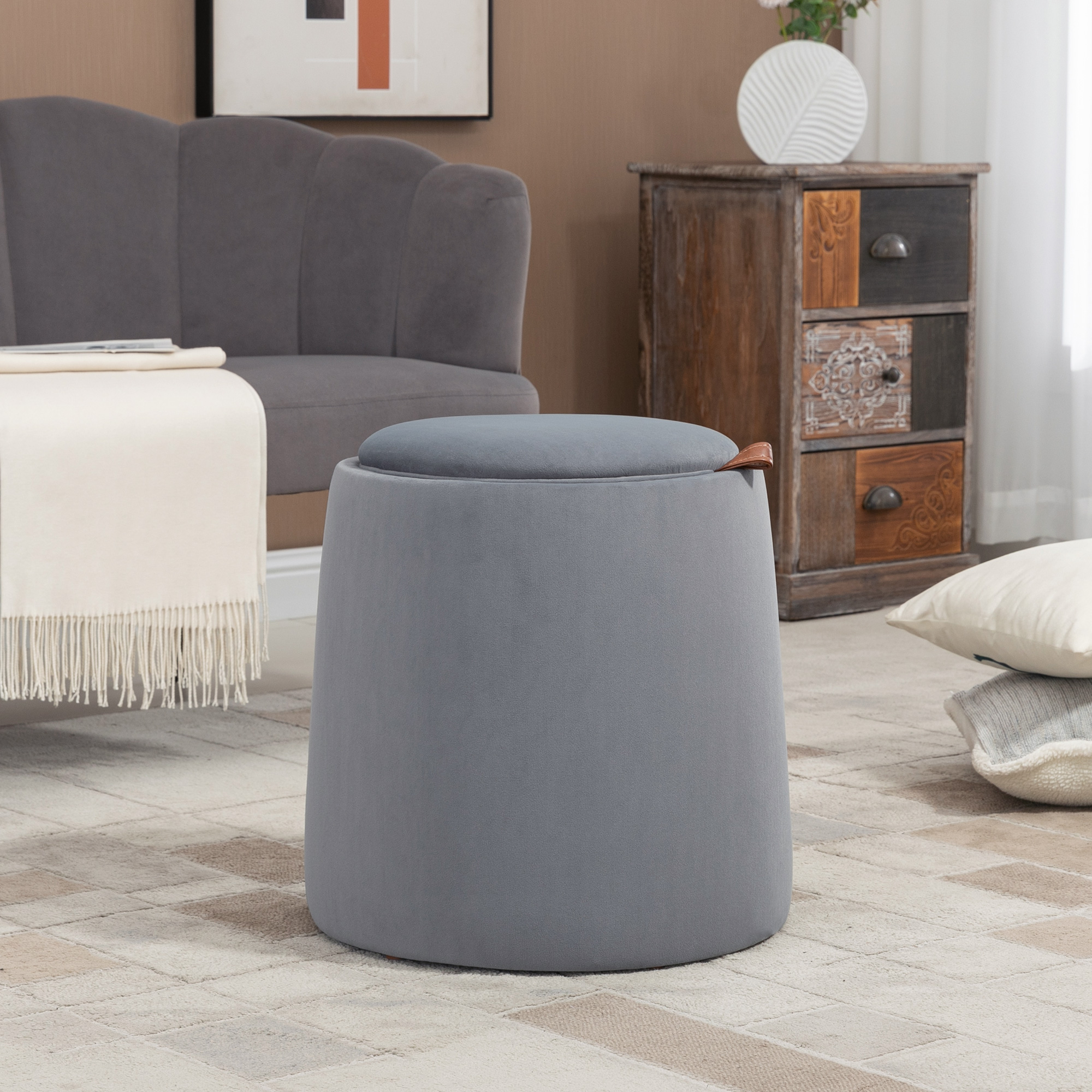 HOMCOM 2-in-1 Hocker in Samtoptik inklusive Stauraum und abnehmbaren Deckel Ø44 cm x 47,5 cm Grau
