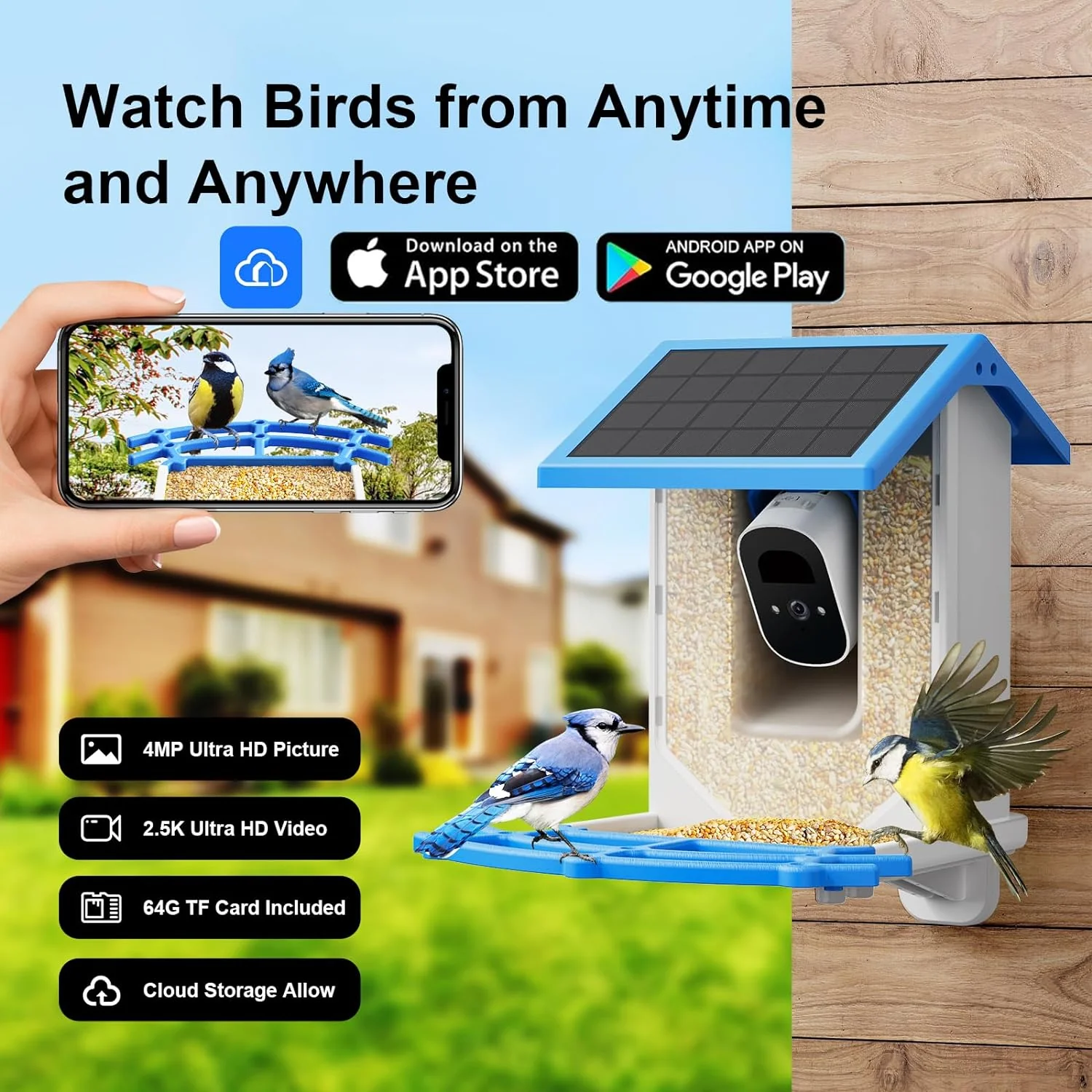 Smart Bird Feeder Camera - 4MP 2.5K Full HD, 64G TF Card Included, Solar Powered Wireless, Auto Capture Bird Video & Notify Detected Birds, AI Identify 11000+ Birds Feed Watching Camera