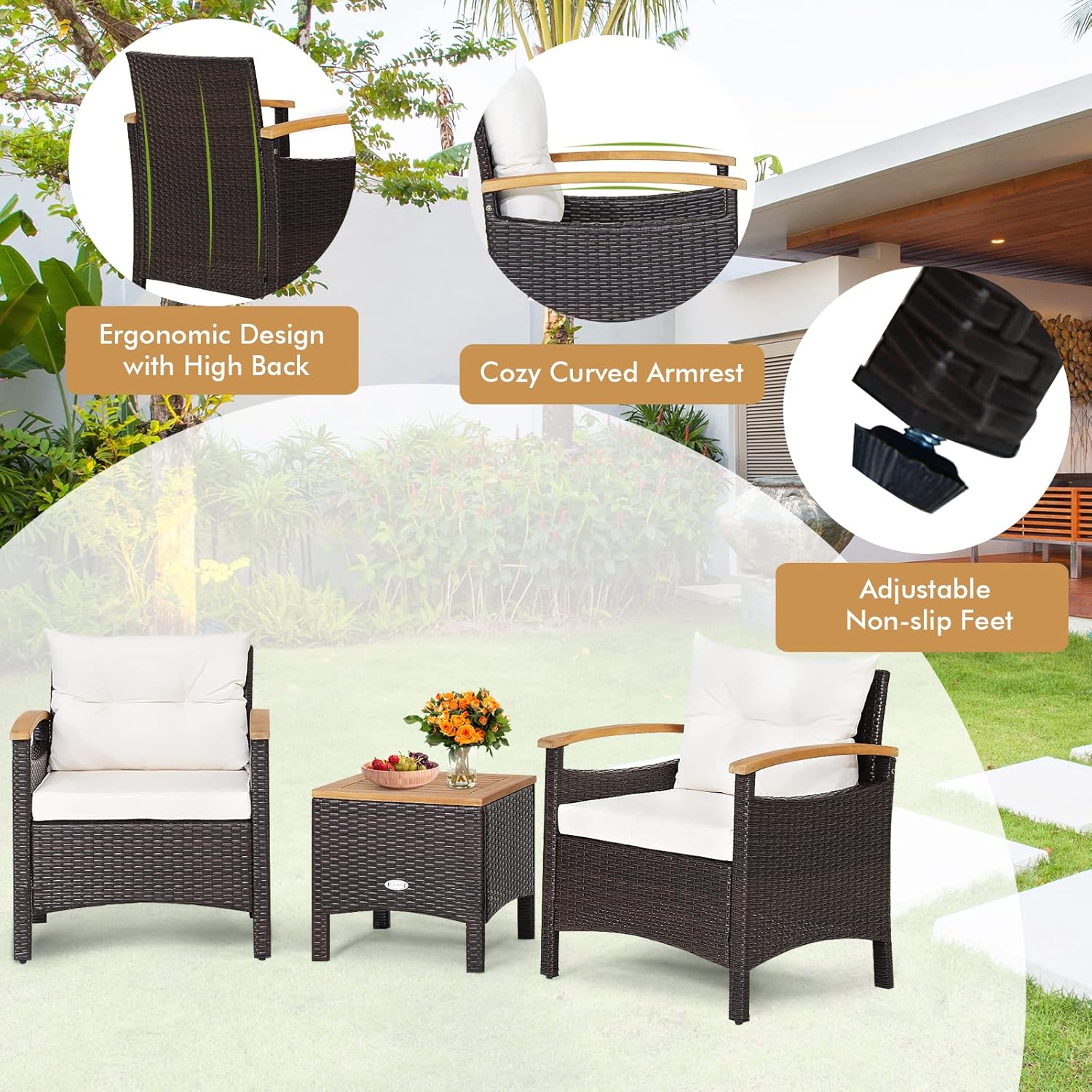 GIANTEX 3 Piece Furniture Set, Outdoor Rattan Bistro Set with Coffee Table, Soft Cushions, Acacia Wood Conversation Set for Patio, Backyard, Poolside, Off White
