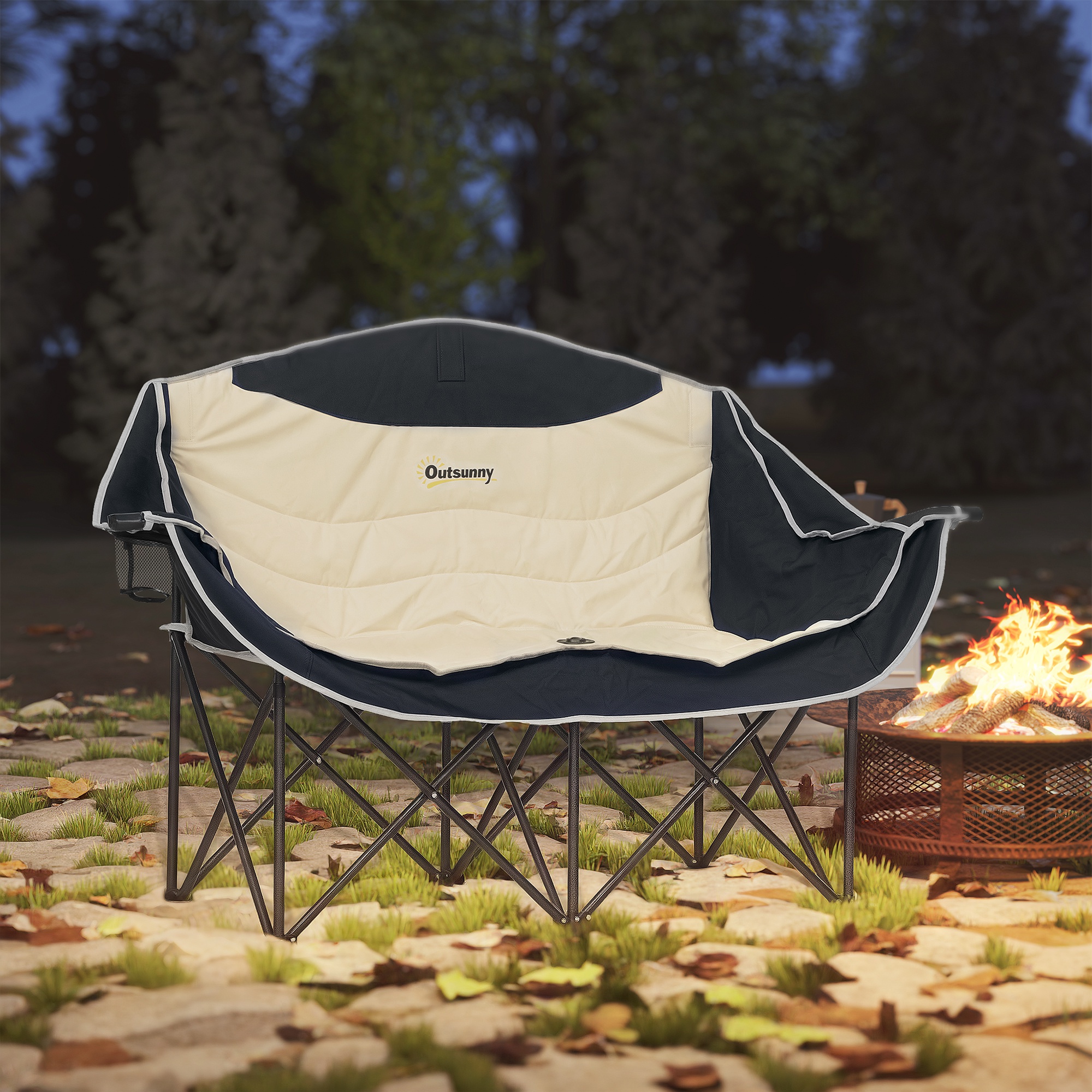 Outsunny Faltstuhl faltbar 2 Sitzer Campingstuhl mit Getränkehalter Tragetasche bis 250kg belastbar Khaki