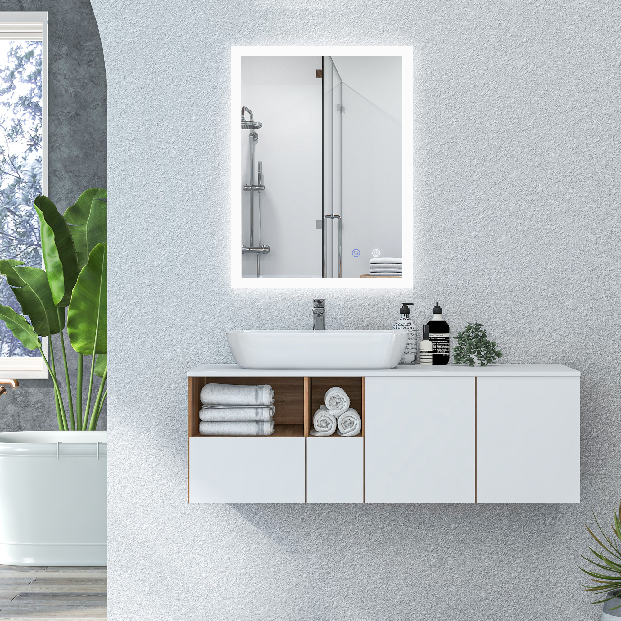 kleankin LED Badezimmerspiegel, Hintergrundbeleuchtung, Touch-Funktion, Memory-Funktion, kein Beschlagen, 80 x 60 cm