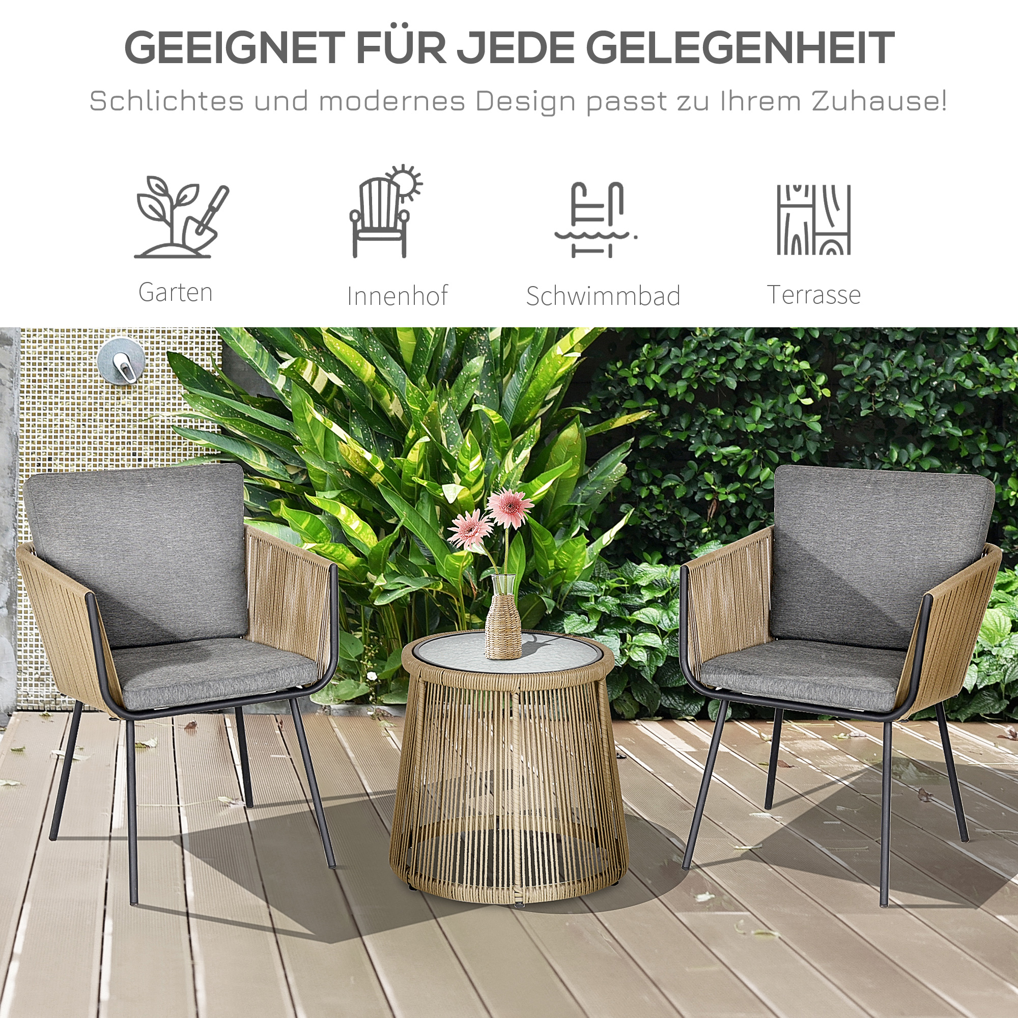 3-delige loungeset, 2 stoelen, bijzettafel, zit- en rugkussens, gehard glazen tafelblad, kunstrotan, grijs