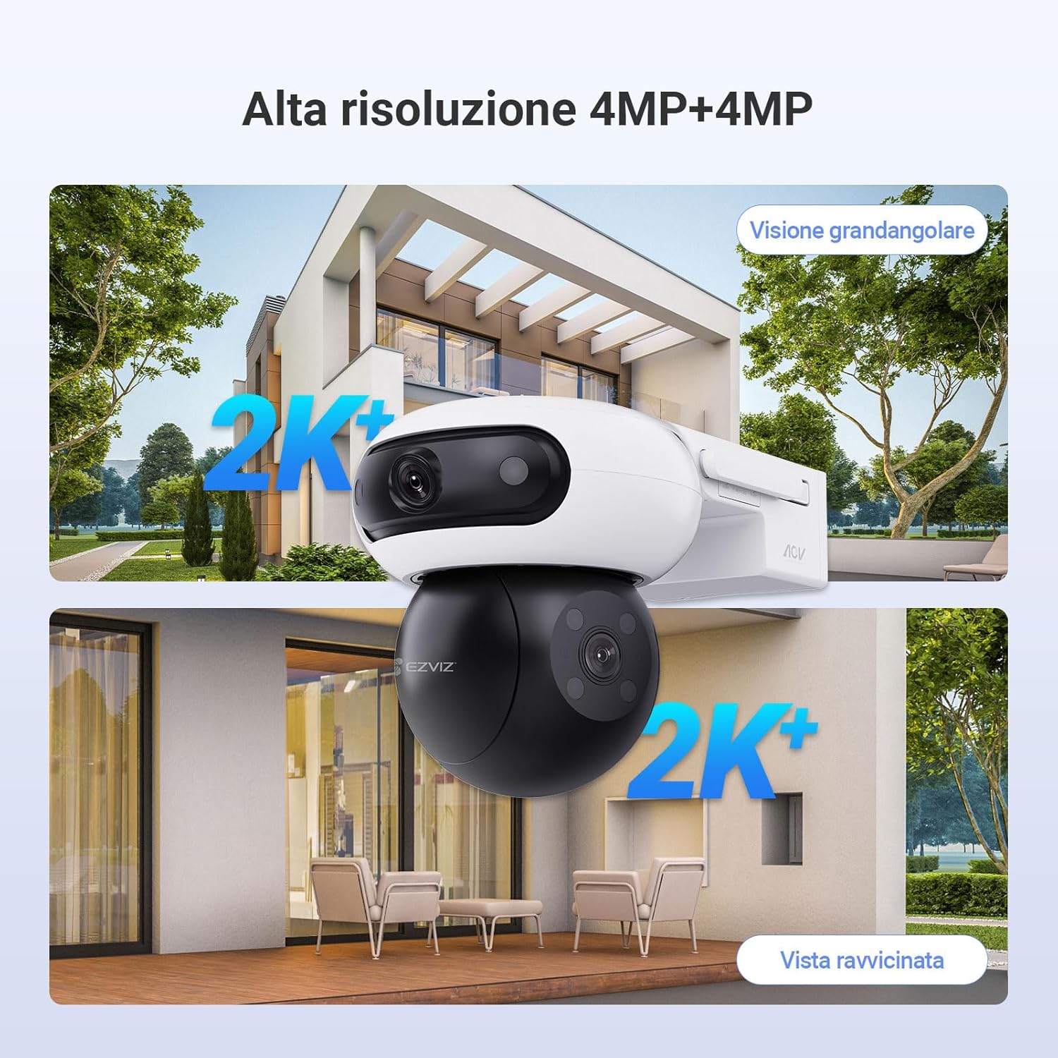 EZVIZ 8MP (4MP+4MP) Telecamera WiFi Esterno Batteria con Doppia Lente, Telecamera Solare per Esterni Senza Fili, Modalità AOV, Rilevamento di Persone/Veicoli, CB90 Dual+8W Pannello Solare