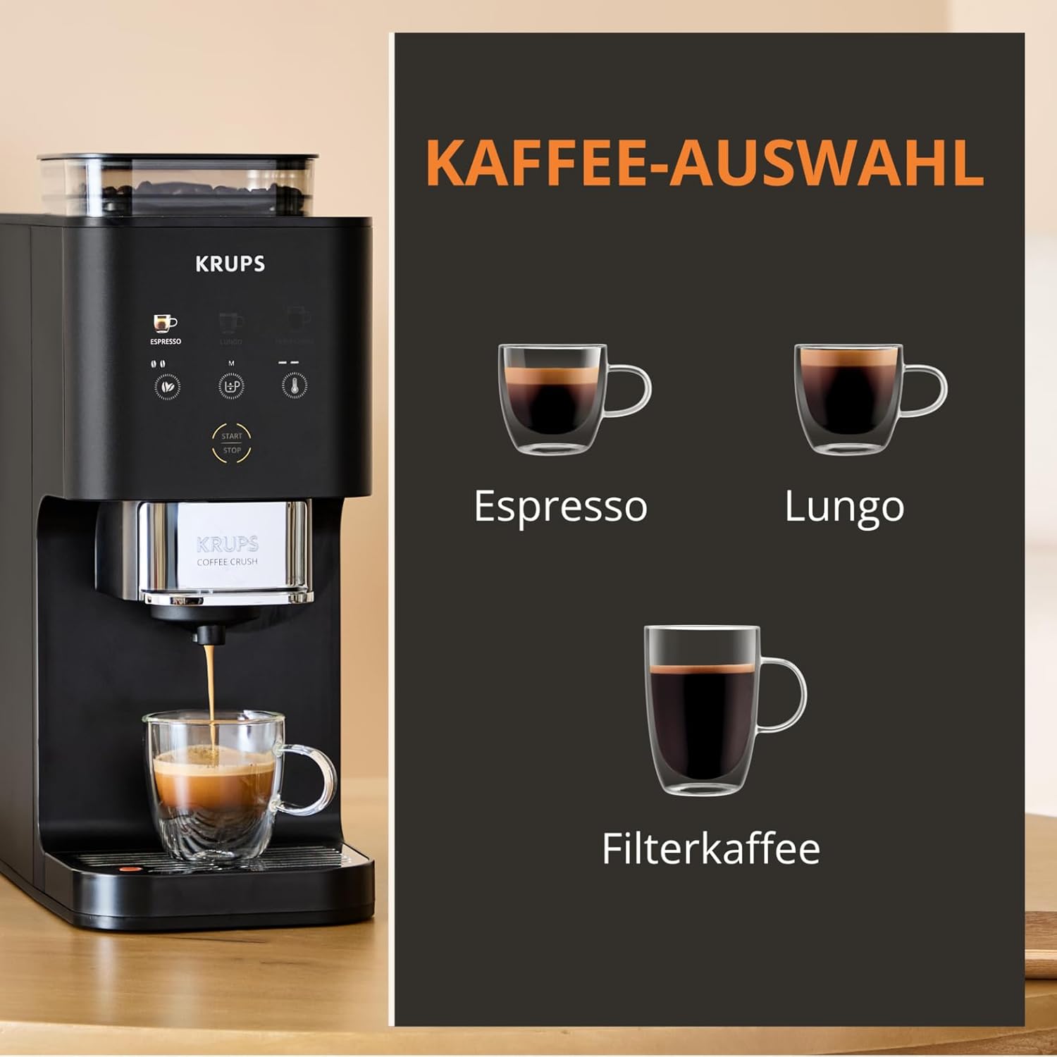 Krups Coffee Crush Extra Kaffeevollautomat, Edelstahlmühle für frisch gemahlenen Kaffee, nur 15 cm breit, smartes Bedienfeld, auch für vorgemahlenen Kaffee, einfache Reinigung, Schwarz, SA4028E0