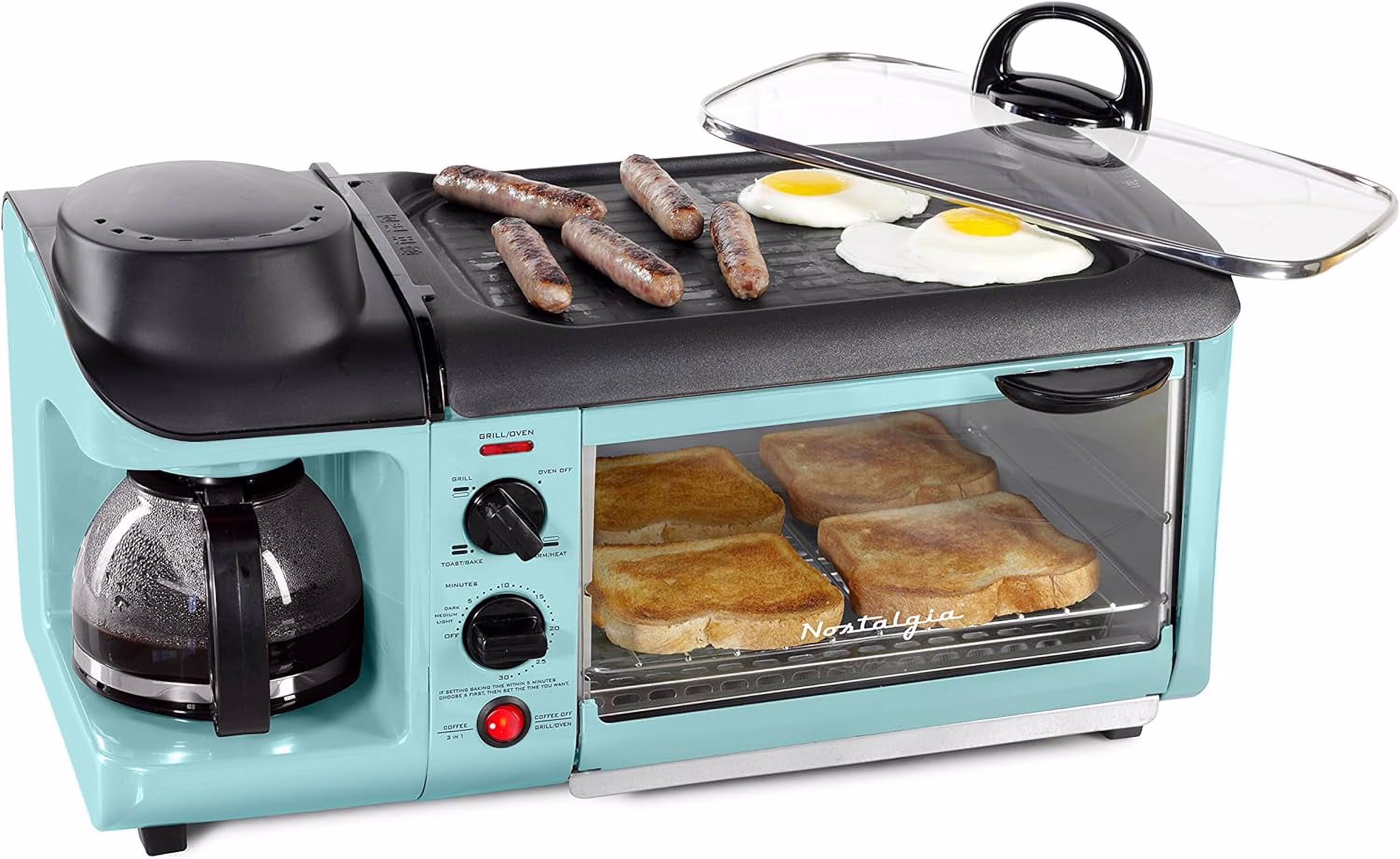 3-in-1 Breakfast Station - Includes Coffee Maker, Non-Stick Griddle, and 4-Slice Toaster Oven - Versatile Breakfast Maker with Timer - Aqua