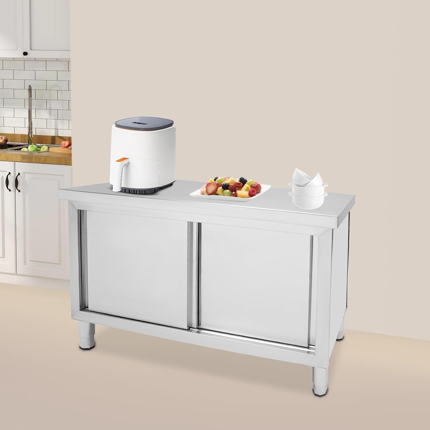 120x50x86 cm tavolo da lavoro armadio cucina esterna in acciaio inox, ante scorrevoli, due ripiani apribili