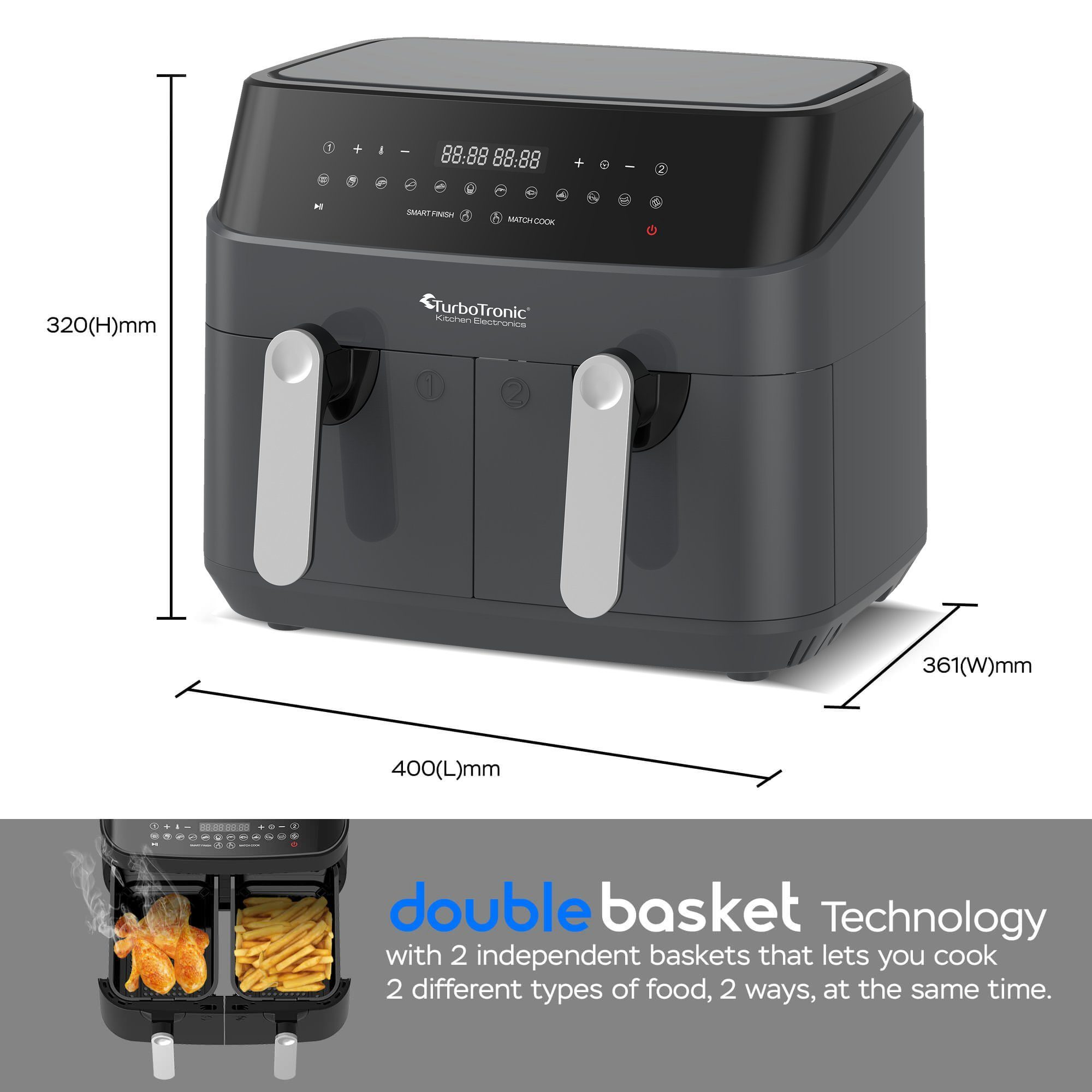 Heißluftfritteuse XXL Doppelkammer 12in1 Dual Airfryer 2x 0,5 kg 200C Power Pizza Grill