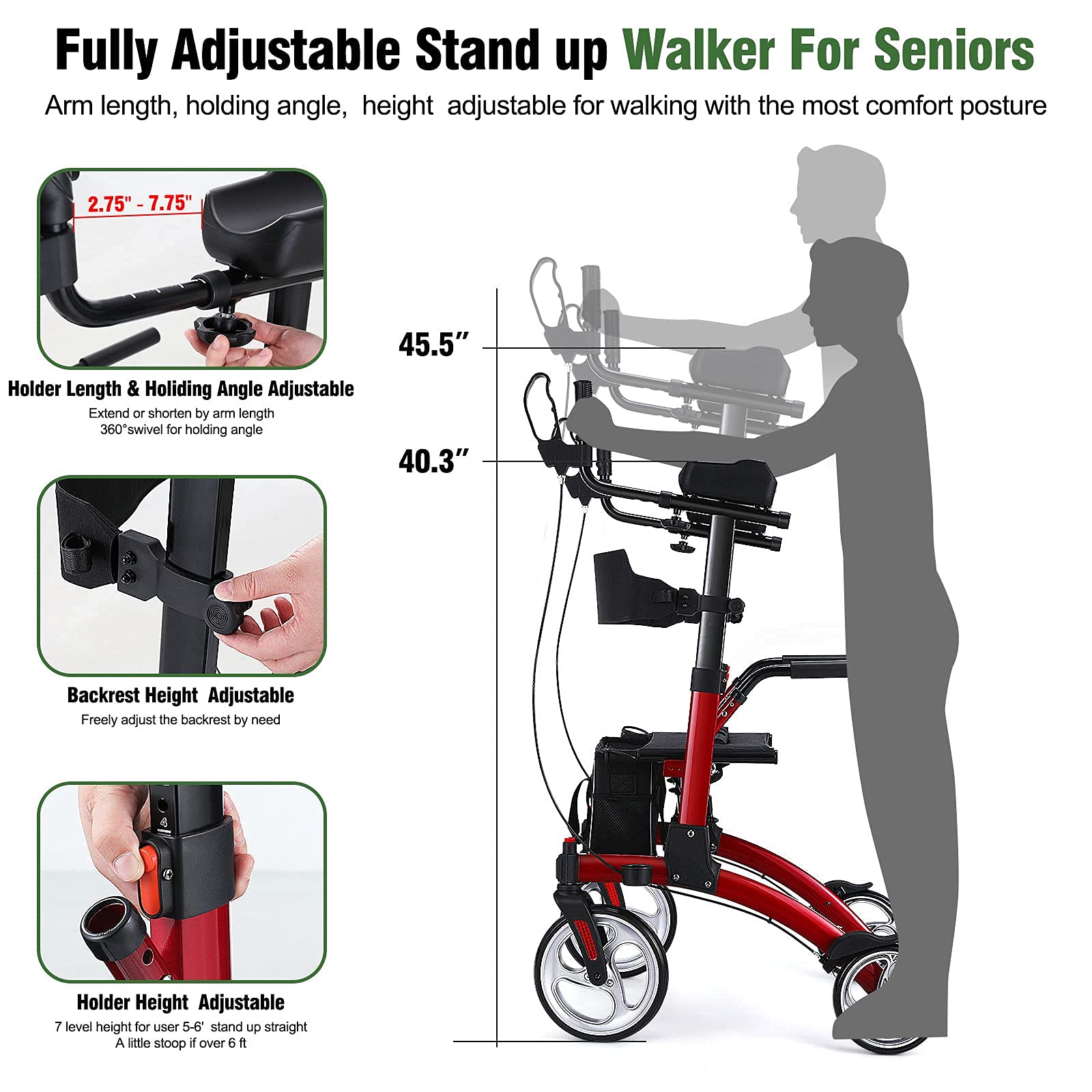 Healconnex Upright Rollator Walkers for Seniors- Stand up Rolling Walker with Seats and 10" Wheels, Padded Armrest and Backrest,Tall Rolling Mobility Aid with Basket, Foam Handle to Stand up