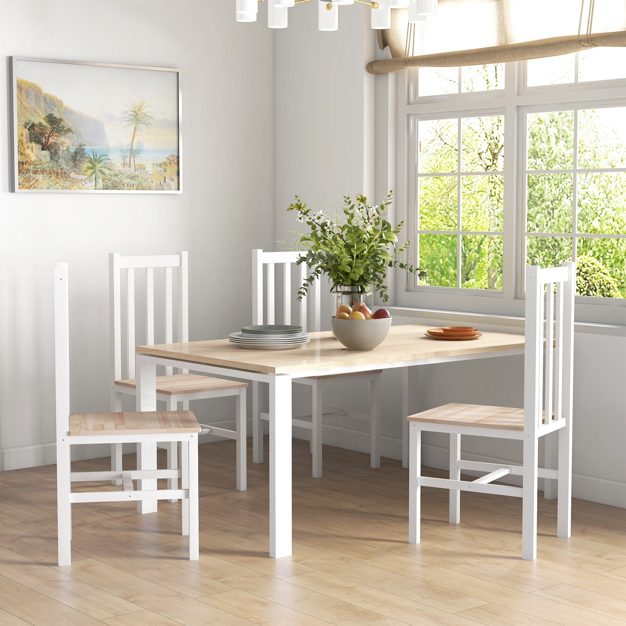 HOMCOM 4er-Set Küchenstühle Esszimmerstühle Stühle, Massivholz, modernes Design, 38, 5 cm x 47,5 cm x 99 cm, Natur