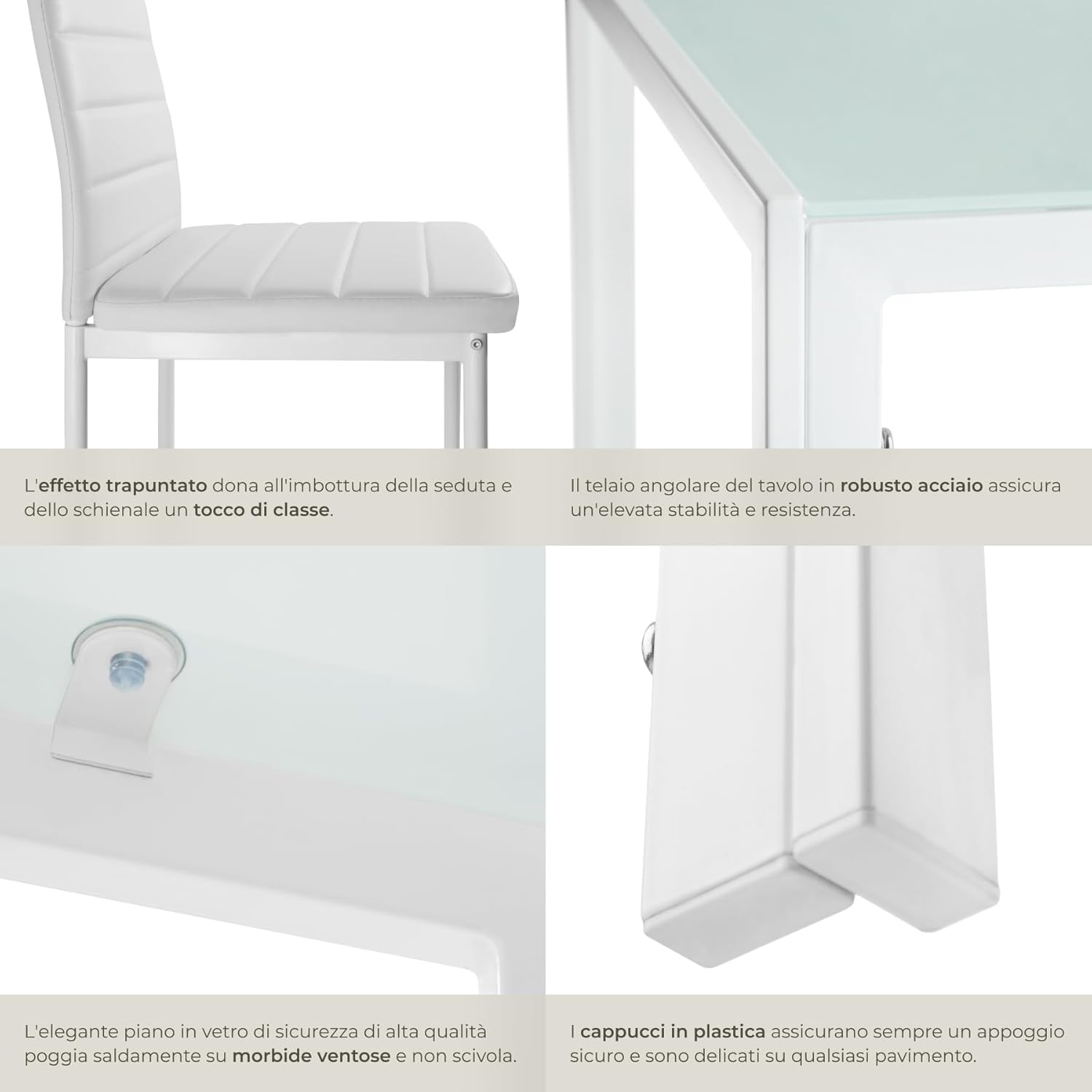 TecTake® Set di Mobili per Sala da Pranzo, 6 Sedie in Similpelle Resistente, Tavolo con Piano in Vetro, Design Moderno, Piedini SalvaPavimento, Ideale per Cucina e Soggiorno - Bianco